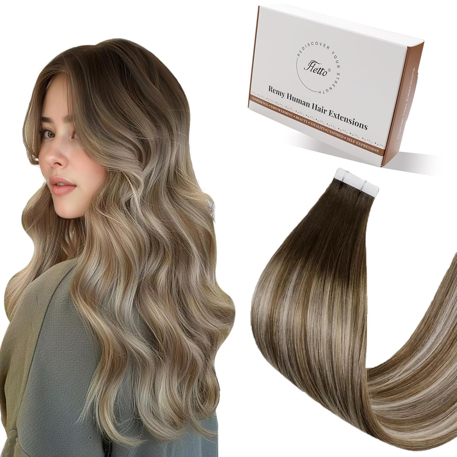 Hetto Tape in Hair Extensions Human Hair Ombre Brown to Blonde 18 Inch, Invisible Lightweight Tape Hair Extensions