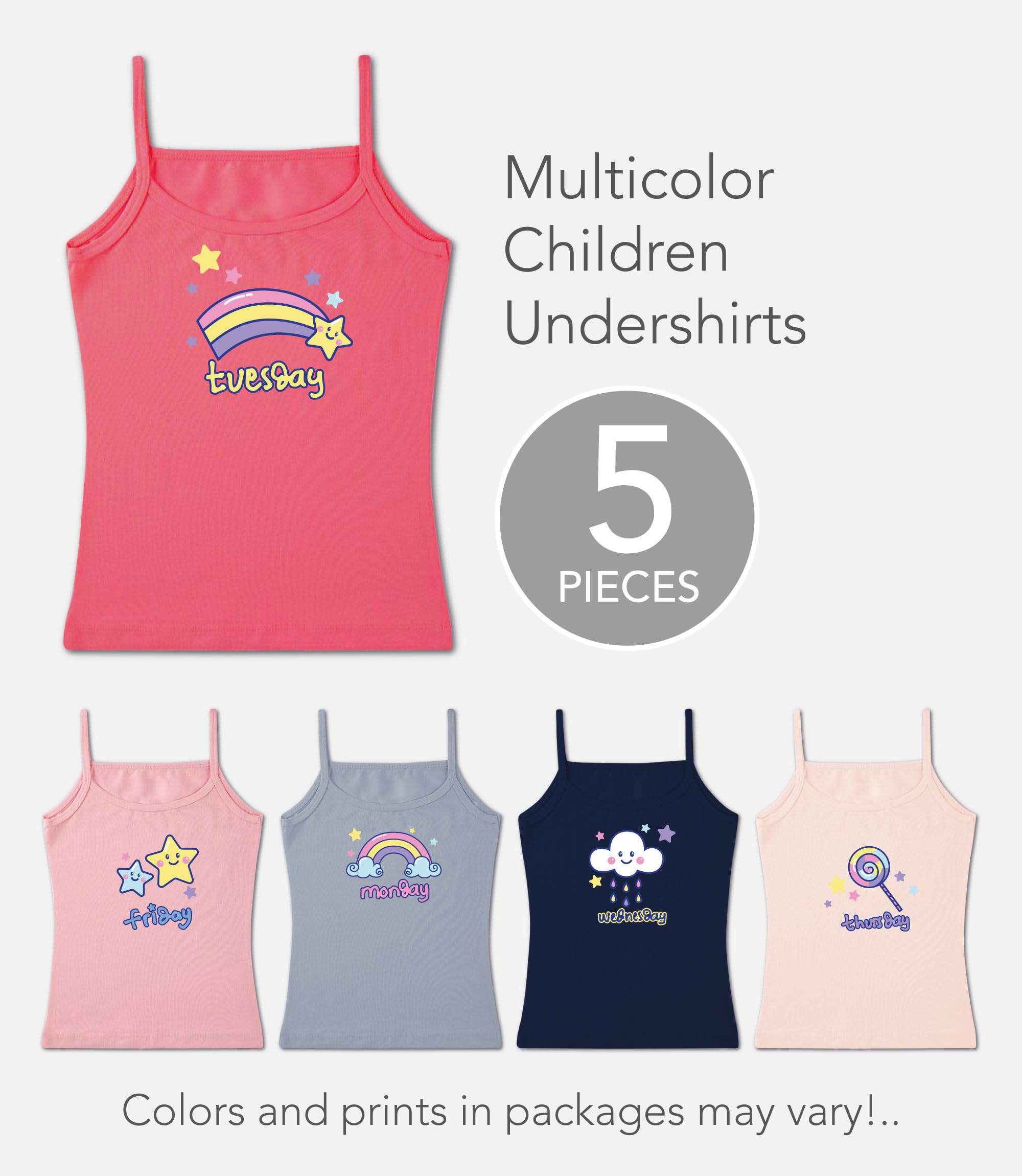 Camiseta sin Etiqueta para niñas de 2 a 11 años, con Cuello Redondo, algodón con Ribete y Correa (Paquete de 5)