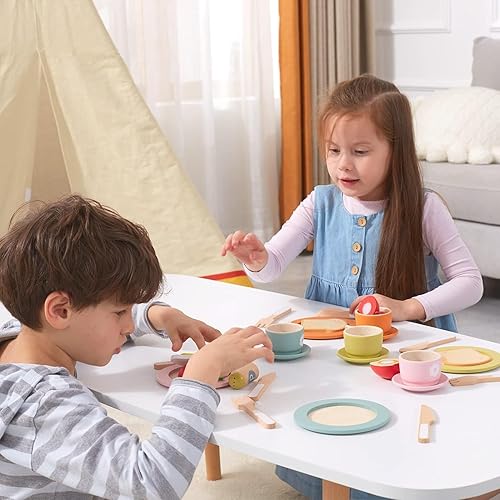 Vista 5 de Giant bean 27 platos de juguete de madera y platos para juego de cocina, accesorios de cocina de juego de madera para niñas y niños, juguetes