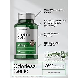 Horbach Odorless Garlic Softgels 3600 mg | 200 Count | Ultra Potent Garlic Extract | Non-GMO & Gluten Free Supplement