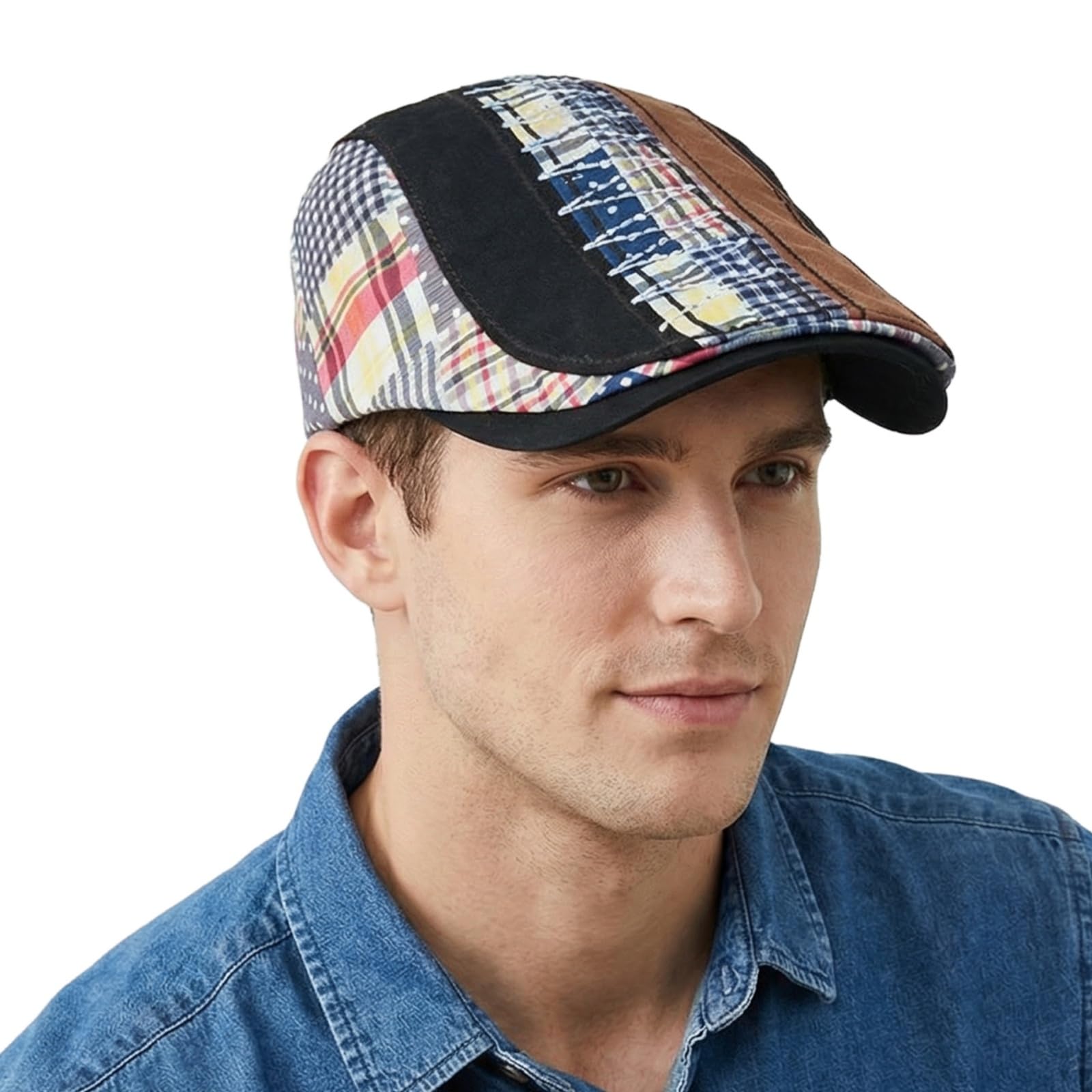 HIQIU Retro Patchwork Schirmmütze Herren Barett Cap,Schieber