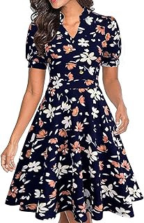 Womens Summer Short Puff Sleeve Casual Semi-Formal Fit and Flare Church Wedding Guest Work Dresses with Pockets