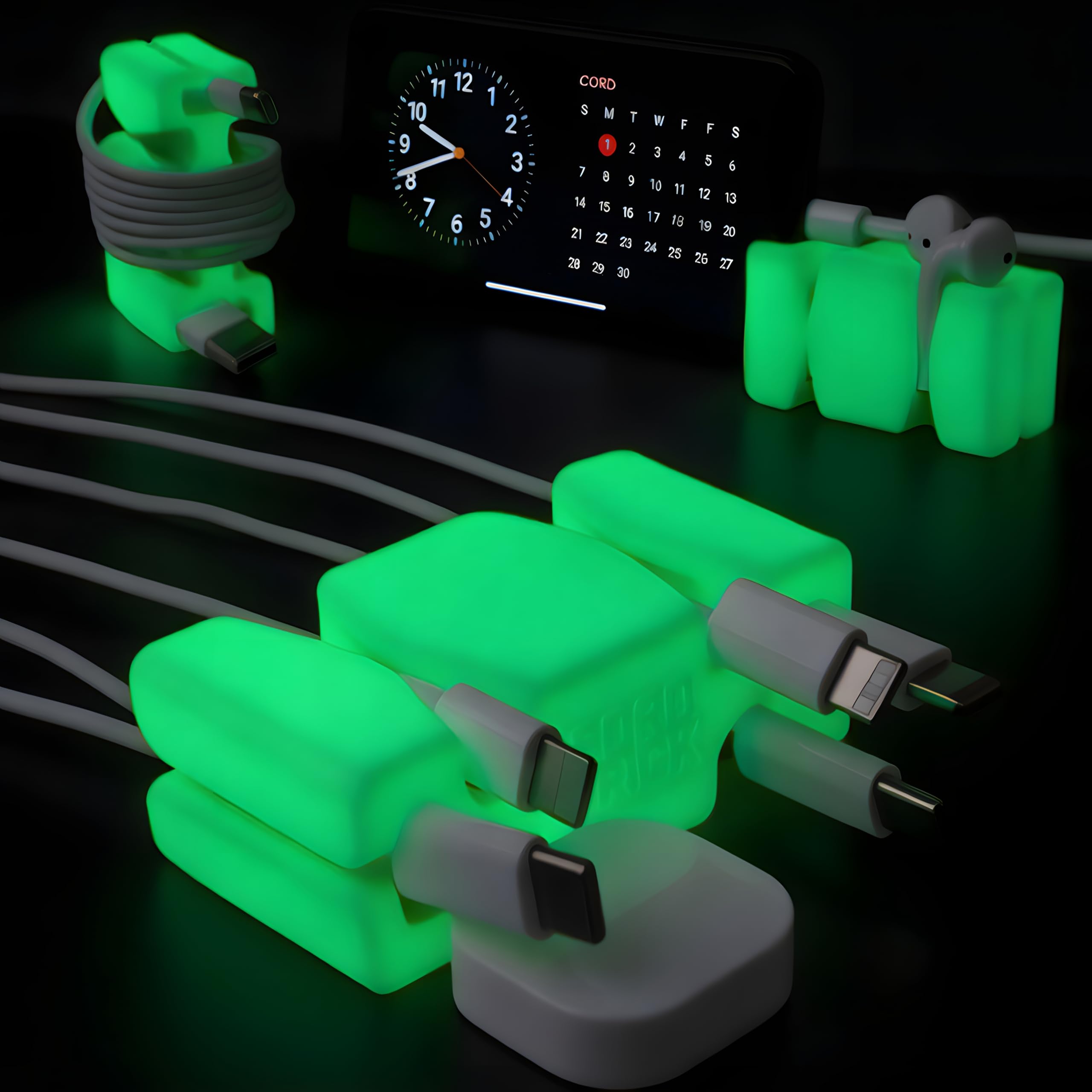 CordBrick Glowing Silicone + Steel Weighted Cable Holder for Nighstand, Cord Wrap for Travel, Unique iPhone Accessory. Small Graduation Gift for High Schoolers. Gadget for Teens. Green Glow