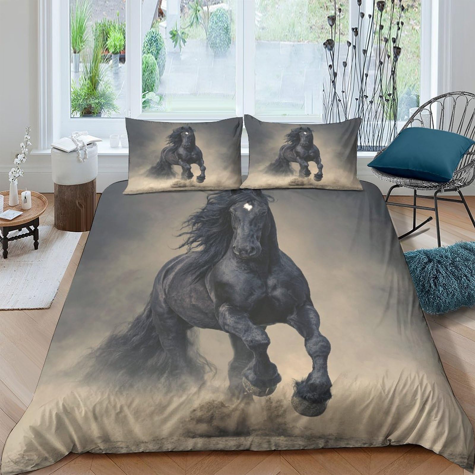 Ctjqhvkz Style-7 3D Printed Black Stallion Fitted Sheet Microfiber Soft Breathable Wild Horse Bed Cover For Bedroom Guest Room Decor Single（135X200cm）