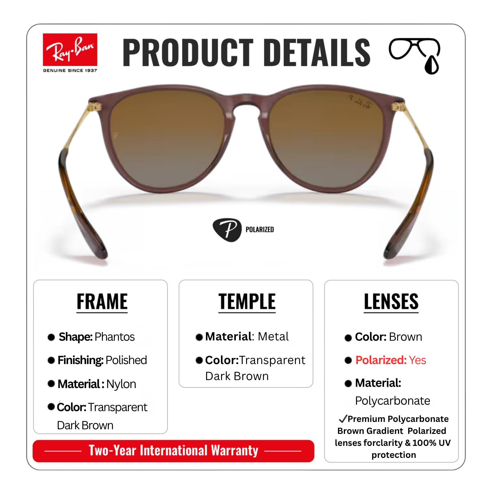 Ray-Ban RB4171 Erika Panto-Classic okulary przeciwsłoneczne, zestaw okularów | ekskluzywne etui i zestaw do pielęgnacji | Polished Transparent Dark Brown/Polarized Brown Gradient