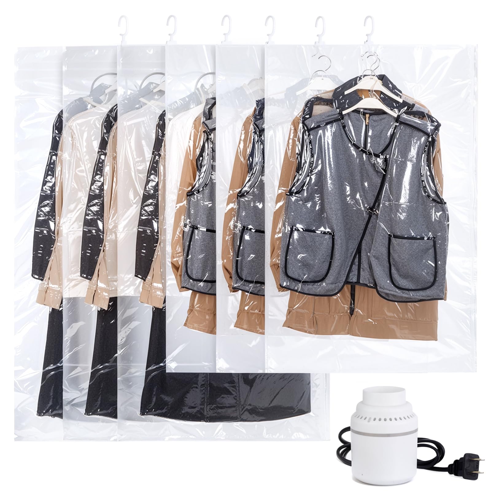 AGPTEK 6 Bolsas Vacío Colgantes para Trajes y Abrigos con Bomba Eléctrica, Ahorra 80% Espacio, Material PA+PE 8 Mil Reutilizable para Viaje y Almacenamiento Ropa