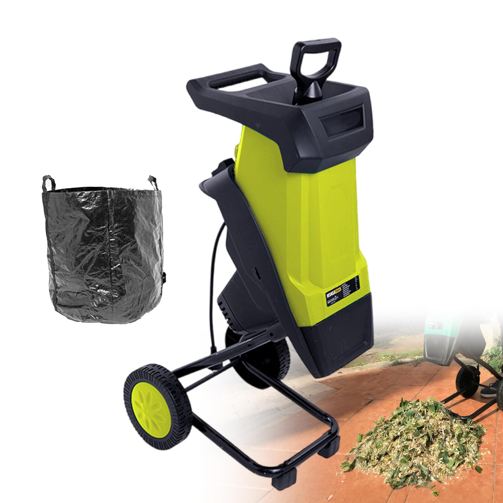 Triturador de Jardín, Astilladora Eléctrica, Astilladora Ramas 40mm/1,57in, Bolsa Recogida 50L, máquina trituradora jardín eléctrica, para amas,Palos y residuos jardín Yellow