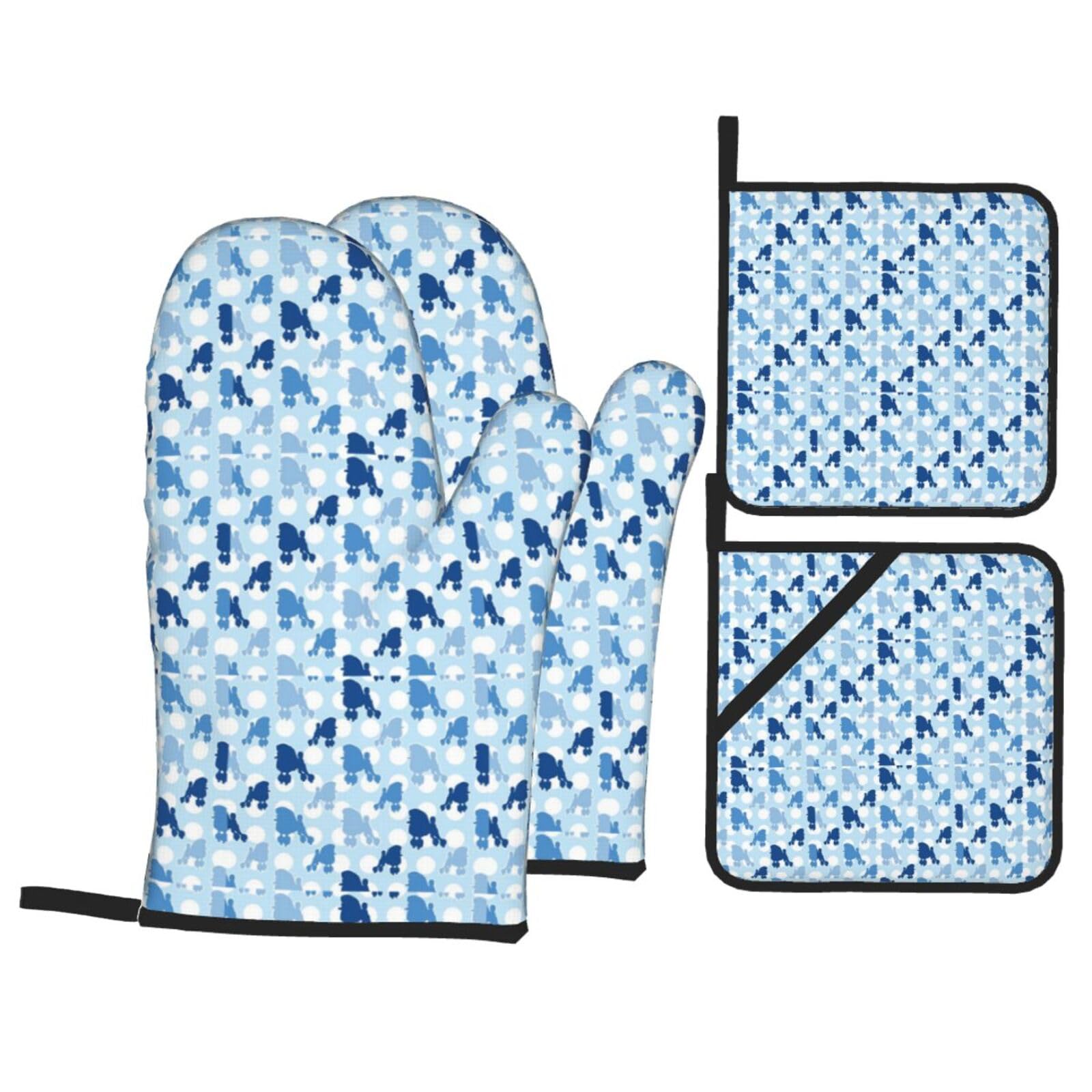 Blue Poodle Polka Dot Print Stylish Heat-Resistant Oven 4-Piece Set Kitchen Gloves Roasting Daily Cooking