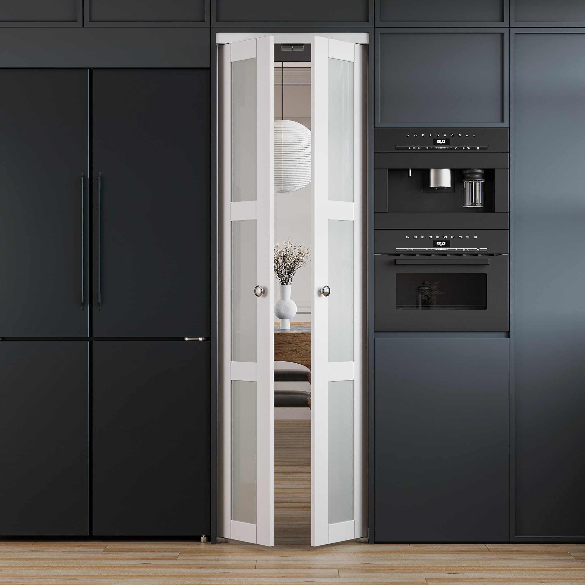 French Pivot Door for 24" x 80" Opening, Double Frosted Glass Panels with Hardware, Swing for Pantry/Laundry/Storage Room, White, Water & Scratch-Resistant Surface, Easy Install