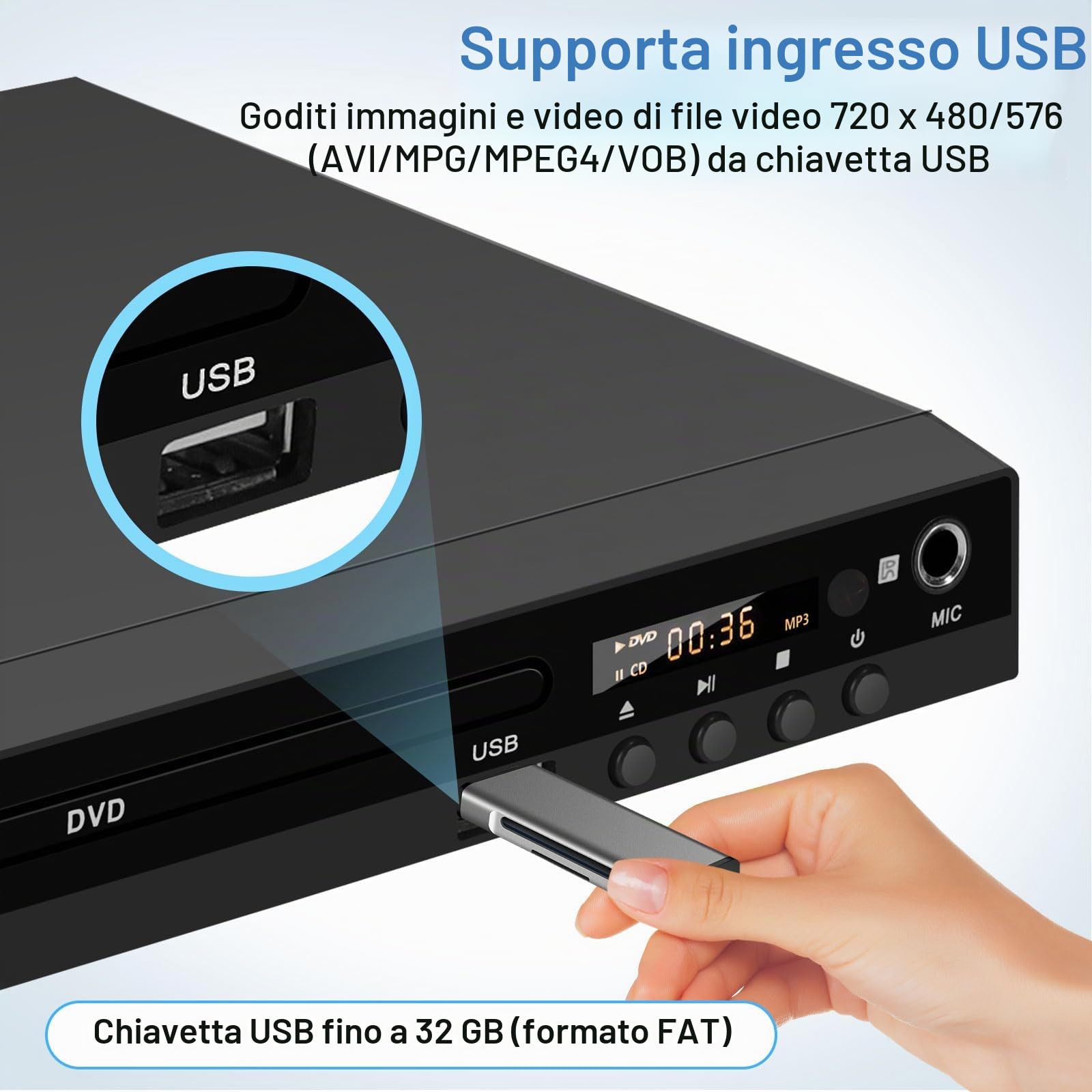 Lettore DVD 170 con porta scart 1080P HD senza regioni con uscita HDMI, uscita AV, sistema TV PAL NTSC, supporto ingresso MIC, ingresso USB (con scart)
