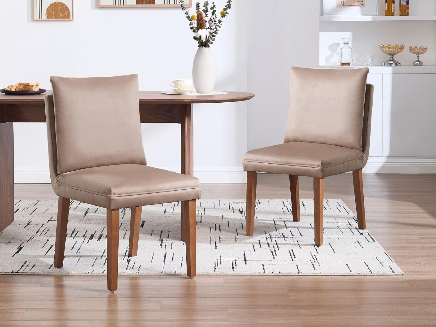 Farmhouse Parsons Dining Chairs Set of 2 - Comfy Upholstered Dining Set with Cushion & Solid Wood Legs, Armless Kitchen Chairs for Dining Room/Restaurant/Kitchen Island, Suede Khaki