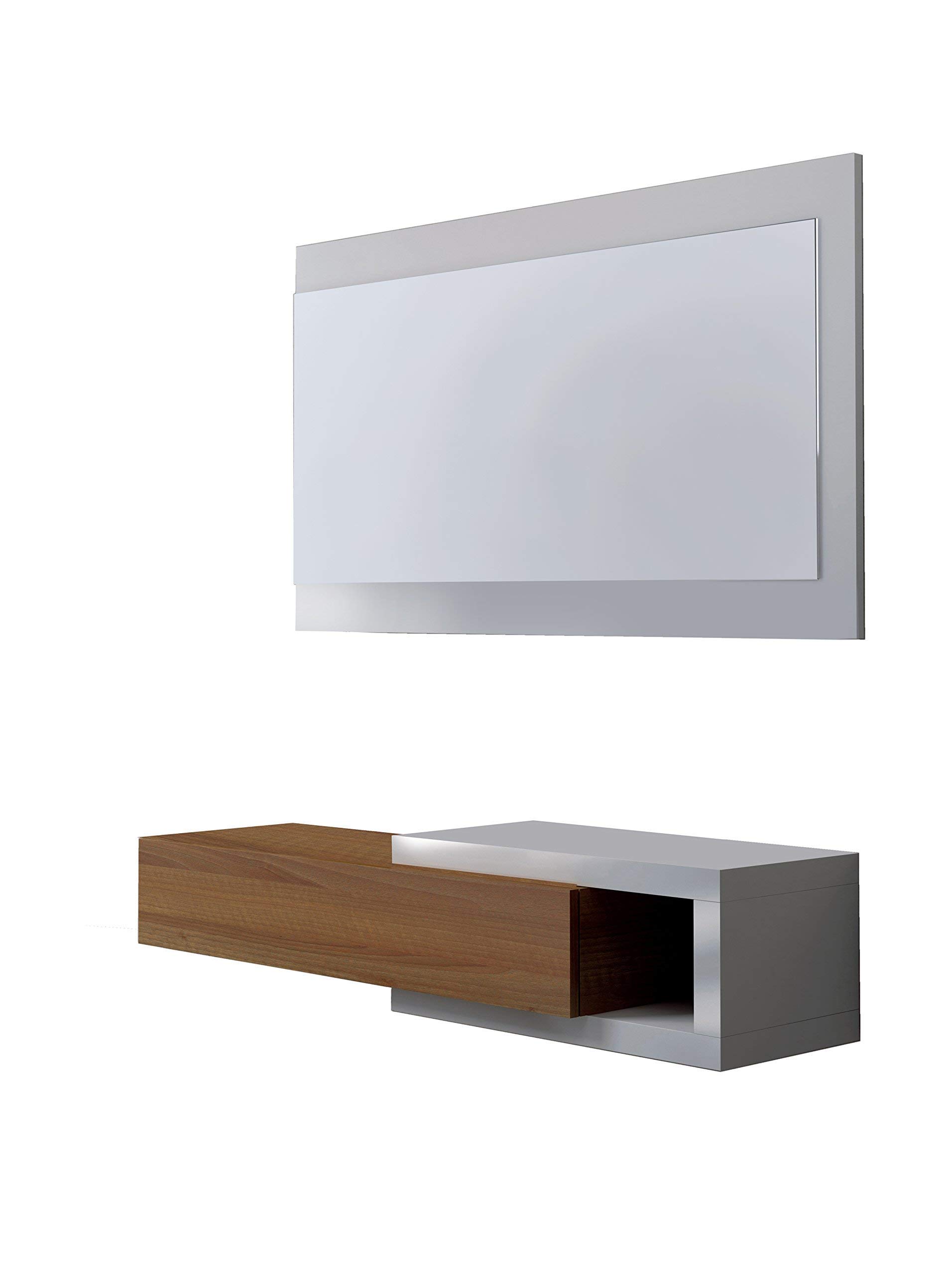 Habitdesign 0N6743BO - Recibidor con cajón + espejo, mueble entrada acabado en Blanco Brillo y Nogal, modelo Noon, medidas 19 x 95 x 26 cm de fondo