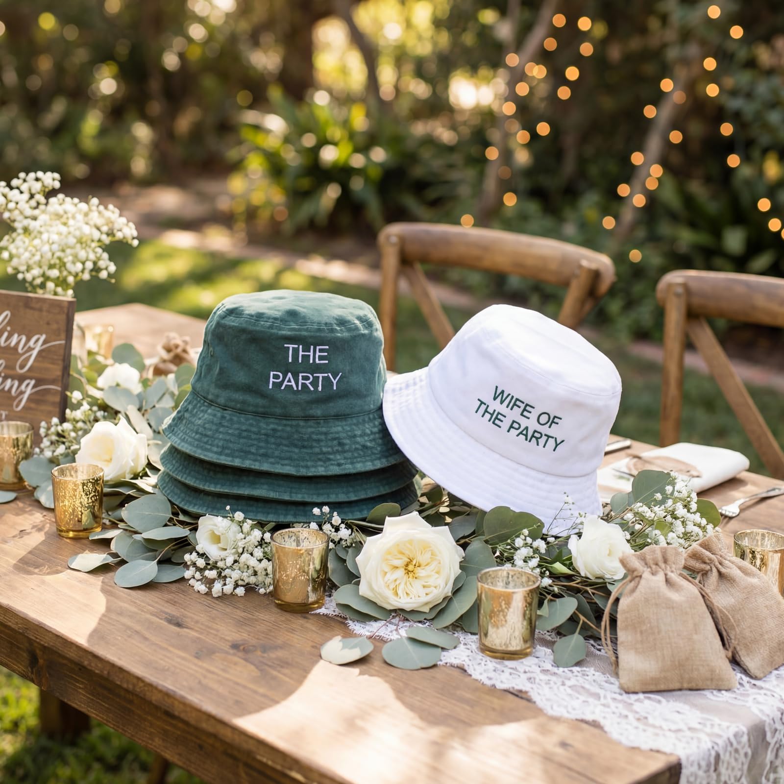 Mepase Fischerhut für Junggesellinnenabschiede mit 1 Partyhut und 5 Partyhut, für Brautjungfer, Braut, Hochzeit, Geschenk, Weiß, Grün, 6 Stück