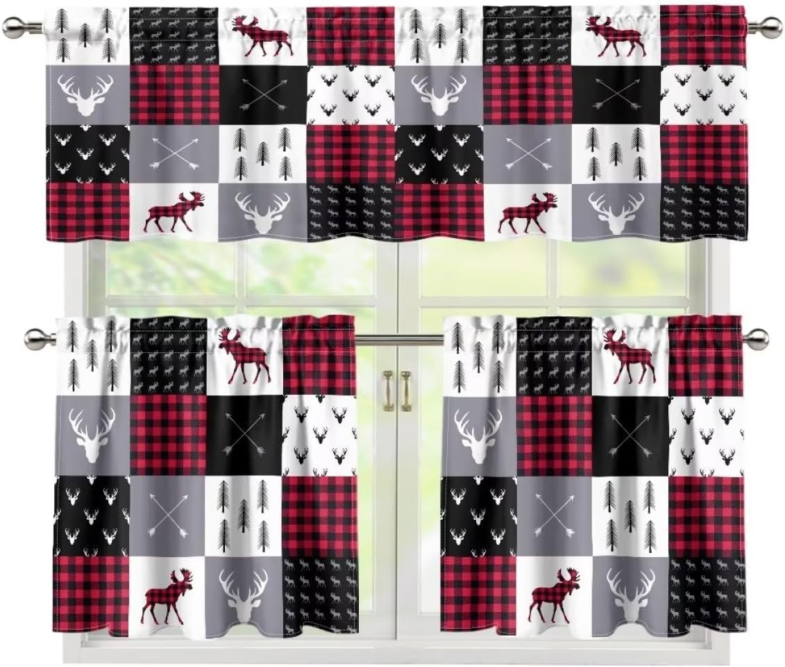 Red White Plaid Kitchen Curtains Valances Set Tier Retro Deer Bear Farm Animal Rod Pocket Dining Room Office Cafe Living Room Bedroom 54 x 18 inches + 27 x 35.8 inches *2