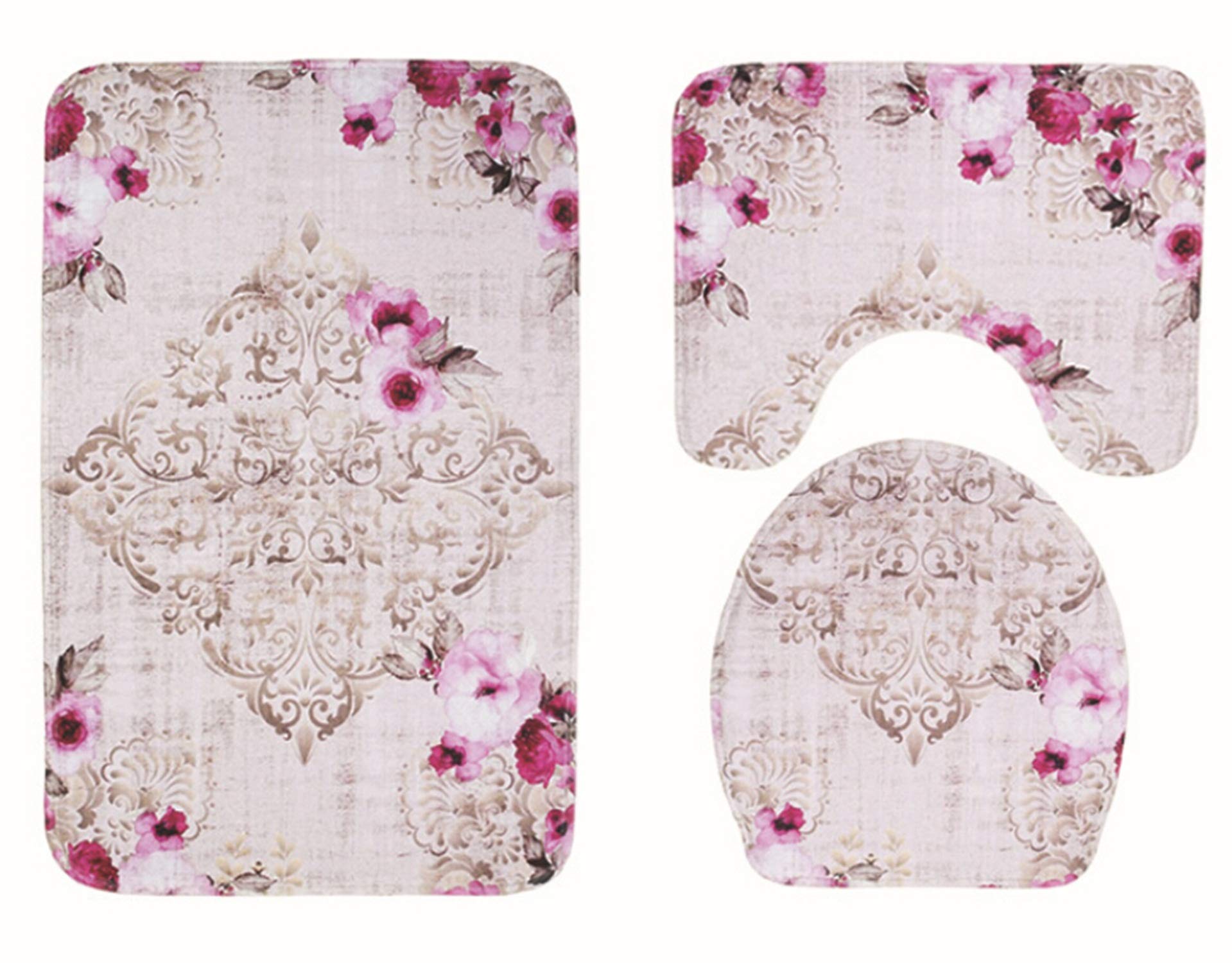 ROMQUEEN Bath Mats Set 3 Piecesbathroom Rugs Grey Pedestal Mat Blue Stripe Non Slip Bath Mat Elderly&75X45