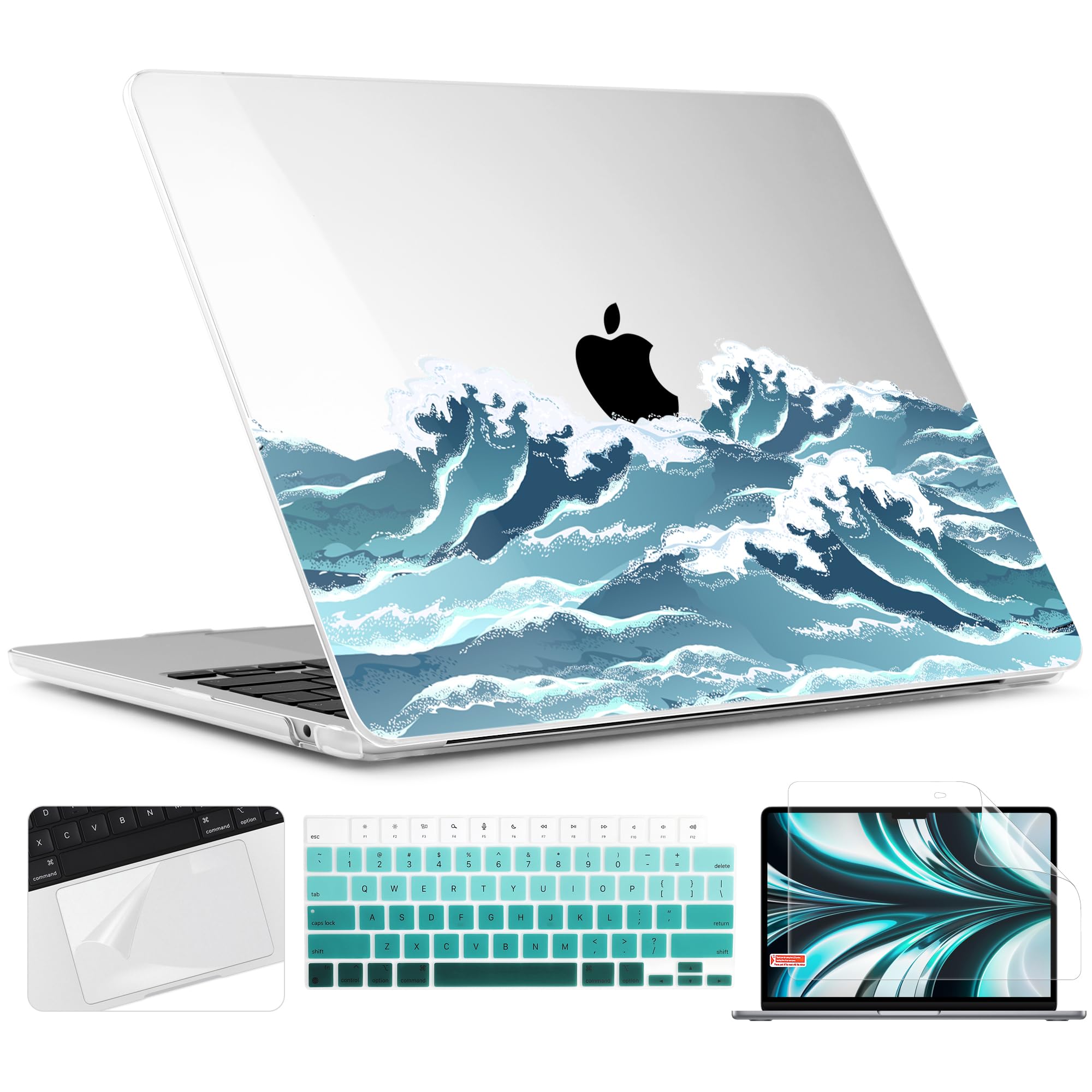 TWOLSKOO for M4 MacBook Air 13.6 inch Case 2025-2022 Release M4 A3240 M3 A3113 M2 A2681, Plastic Hard Shell & Screen Protector & Keyboard Cover & Trackpad Film, Ocean