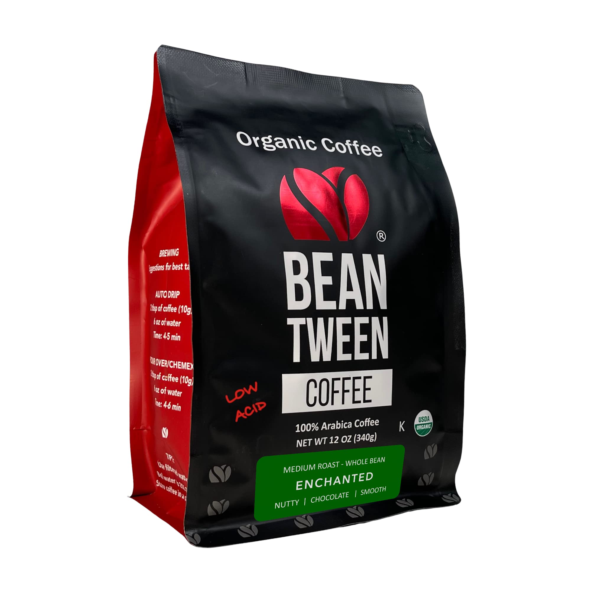 Beantween Coffee: Premium Organic MEDIUM ROAST Whole Bean (12oz) of 100% Arabica Coffee – Low Acid, MOLD-FREE, Certified Organic, Kosher, Single Origin, Woman-owned