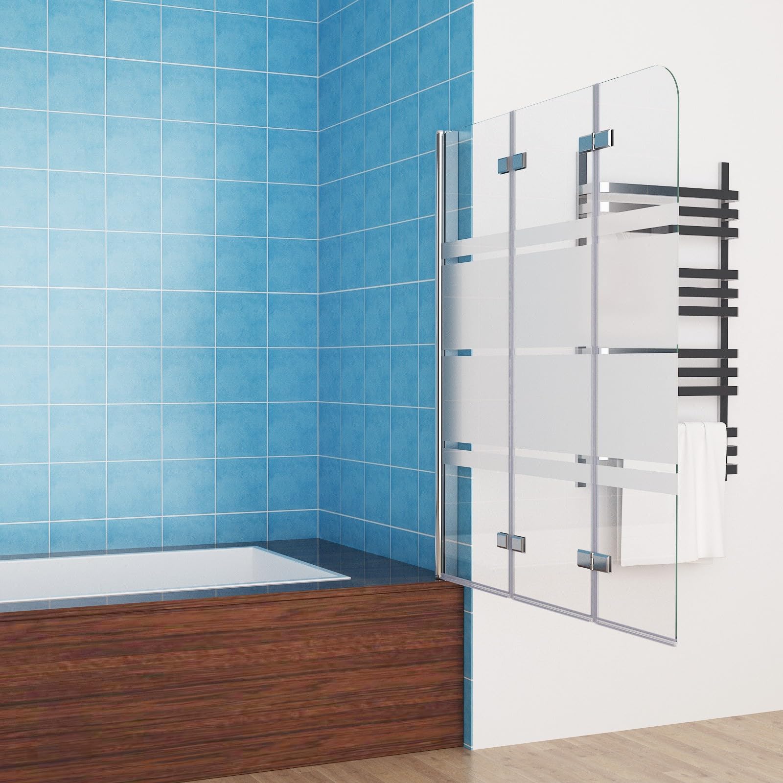MIQU Mampara de Ducha para Bañera, 120 x 140 cm, 3 Piezas, Plegable, Mampara Ducha de Cristal con Patrón de Rayas Blancas y Vidrio 5 mm, Accesorio para Bañera de Cristal Templado