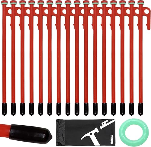 Tent Stakes Heavy Duty 12 inch Steal Tent Pegs for Camping Ground Stakes for Outdoor Yard Garden Stake, 16 Pack with Caps, Fluorescent Silicone