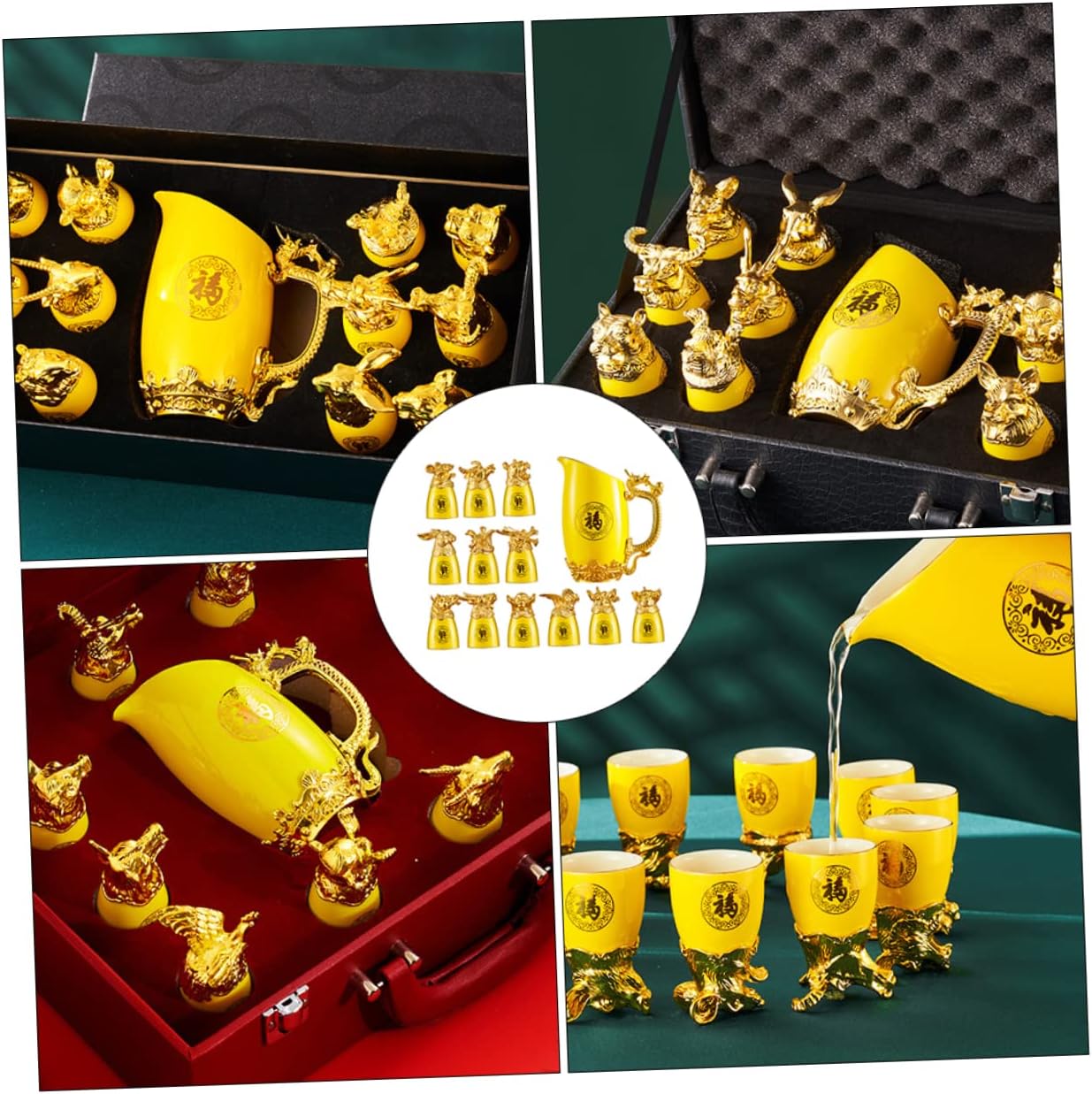 PRETYZOOM Charming Chinese Zodiac Liquor Cups 12 Pieces Ceramic Wine Cup Set Gold Plated Holder
