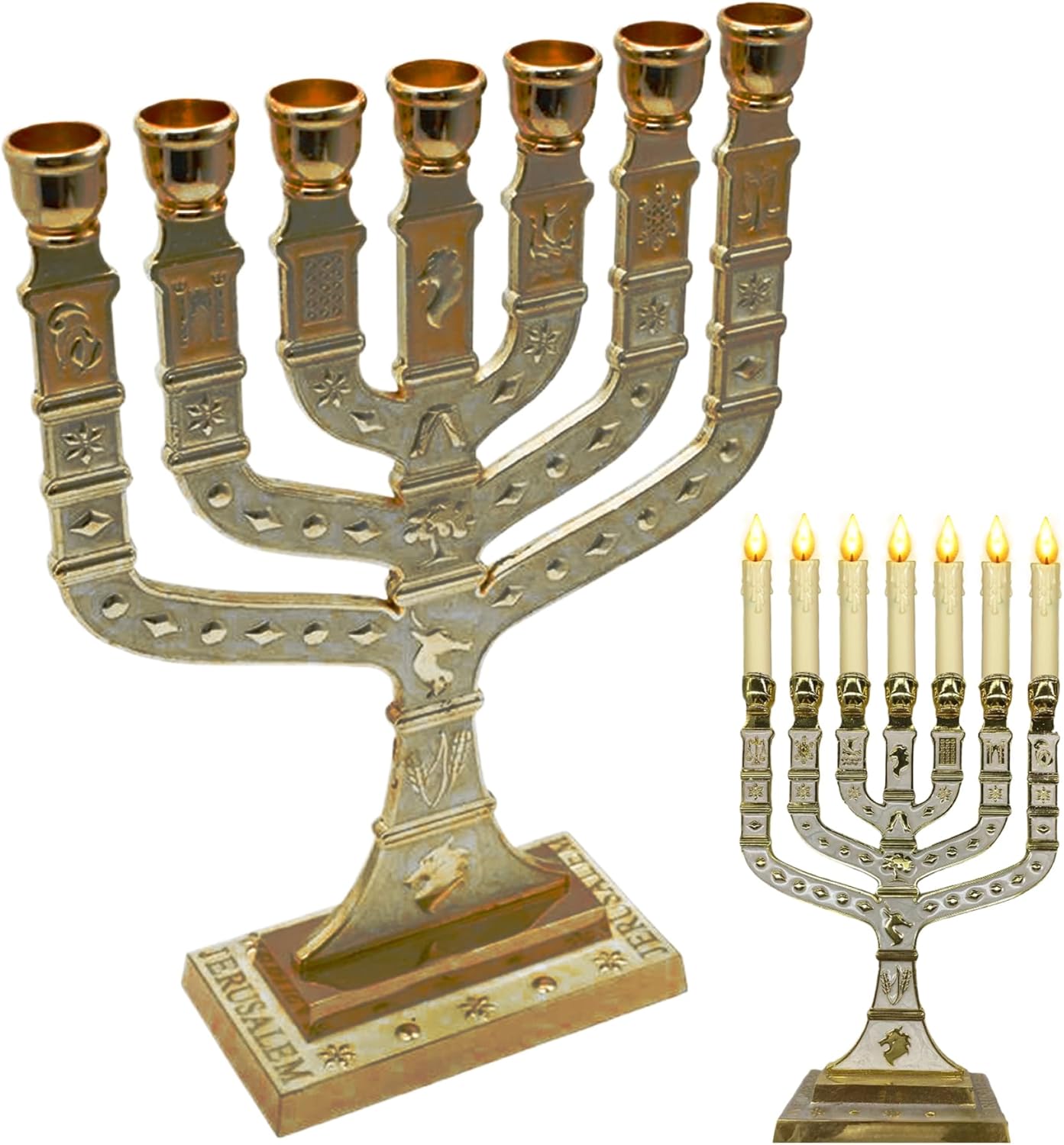 Hanukkah Menorah, 10.8 Inch Menorah 7 Branch with 12 Tribes of Israel, Zinc Alloy Candle Holder with Stable Base for Office Living Room Desk Decor, White Home..