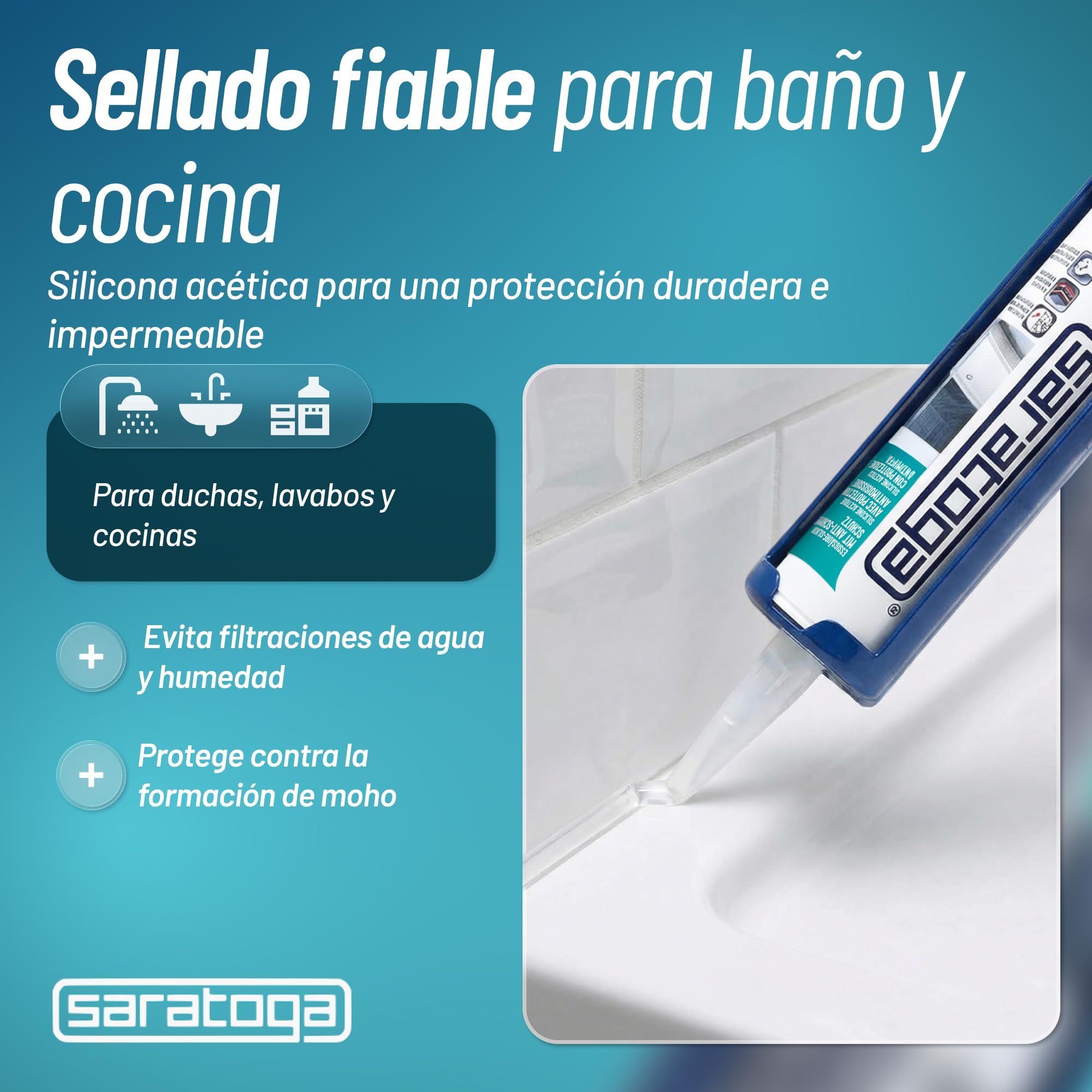 Saratoga Set de 6 Silicona Transparente Baño Antimoho 280 ml | Silicona Antimoho para Baño, Ducha, Cocina & WC | Sellador Fugas Agua, Impermeabilizante Transparente y Multimateriales