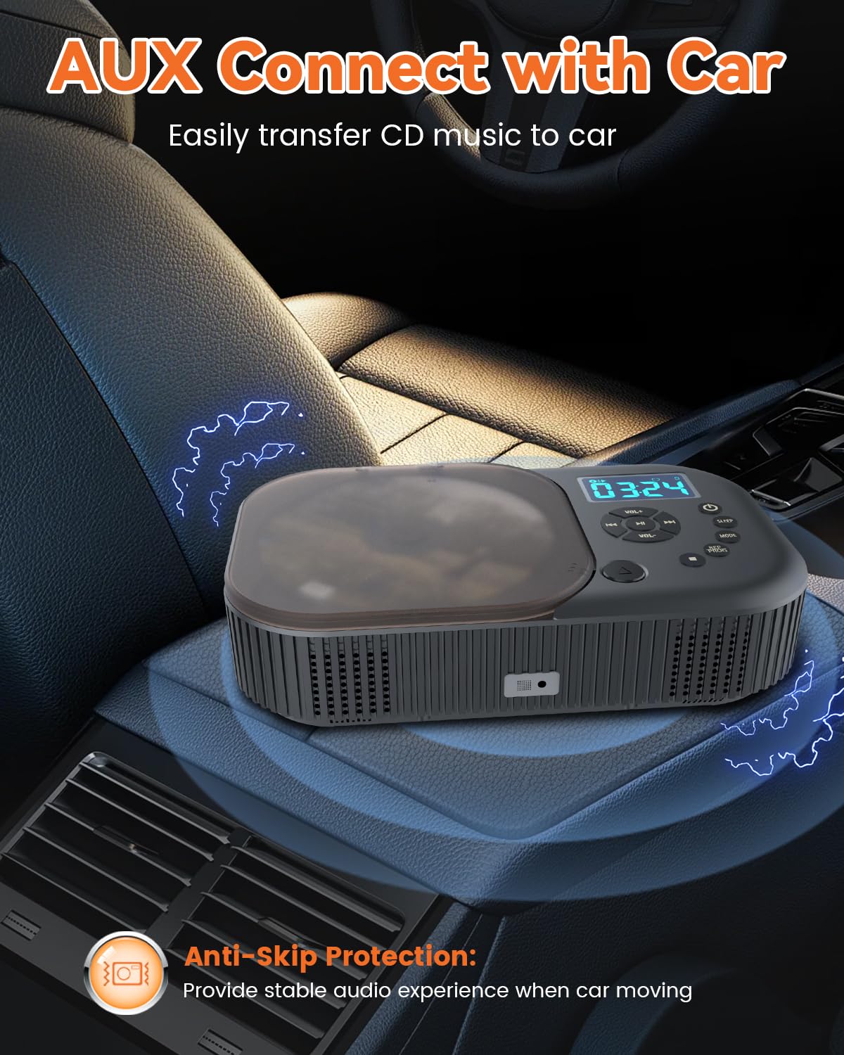 MONODEAL CD Player Tragbar Bluetooth mit Zwei Stereo Lautsprechern, Radio | Anti-Skip CD-Player für Hörbücher Musikhören, 4000mAh Batterie, AUX/USB-Modus