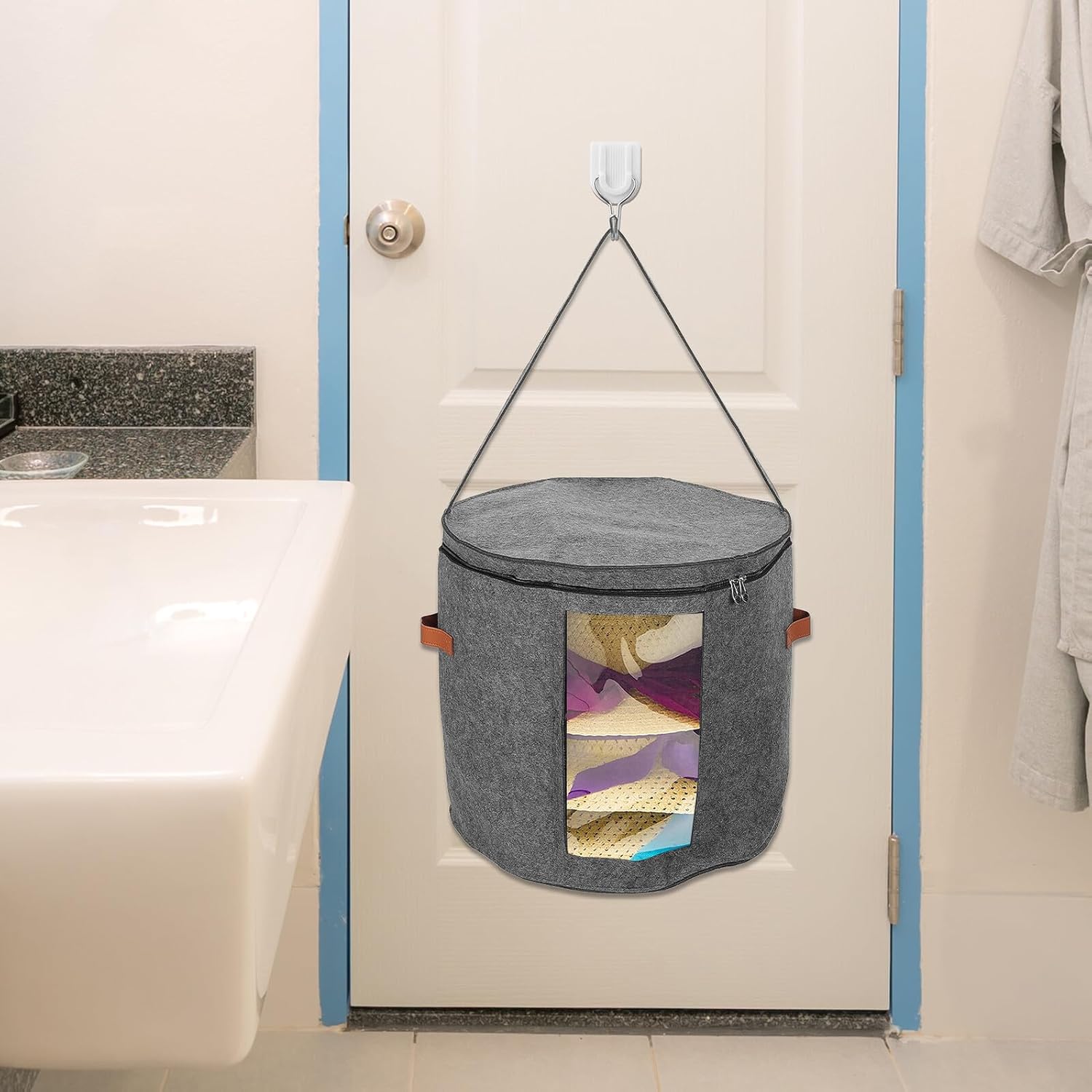 PRETYZOOM Round Hat Storage Box with Lid and Handle Dust-resistant Odorless Hat Organizer for Women Travel Strong Weight Resistance Multi-use for Baseball Caps Scarves Towels Gray