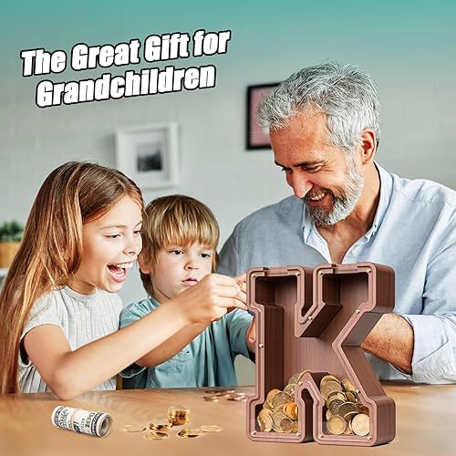 Miniatura 333 de SummiDate Alcancía de madera con nombre, niños y niñas, tamaño grande, letras alfabeto A-Z, monedas y billetes, inicial en cubierta transparente