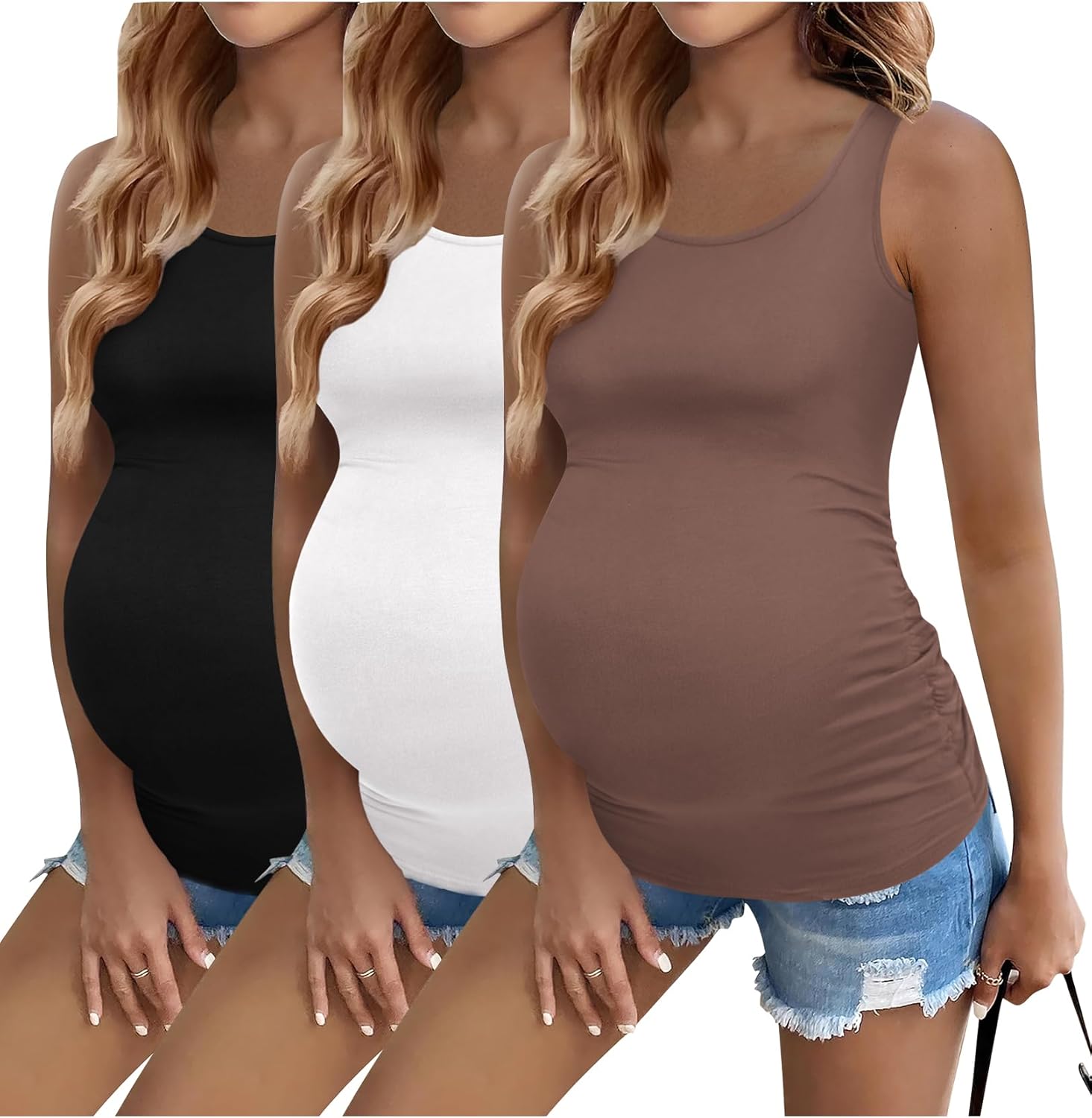 Ekouaer 3 Pack Women Maternity Tank Tops Ruch Side Basic Shirts Summer Postpartum Tops Sleeveless Pregnancy Workout Clothes