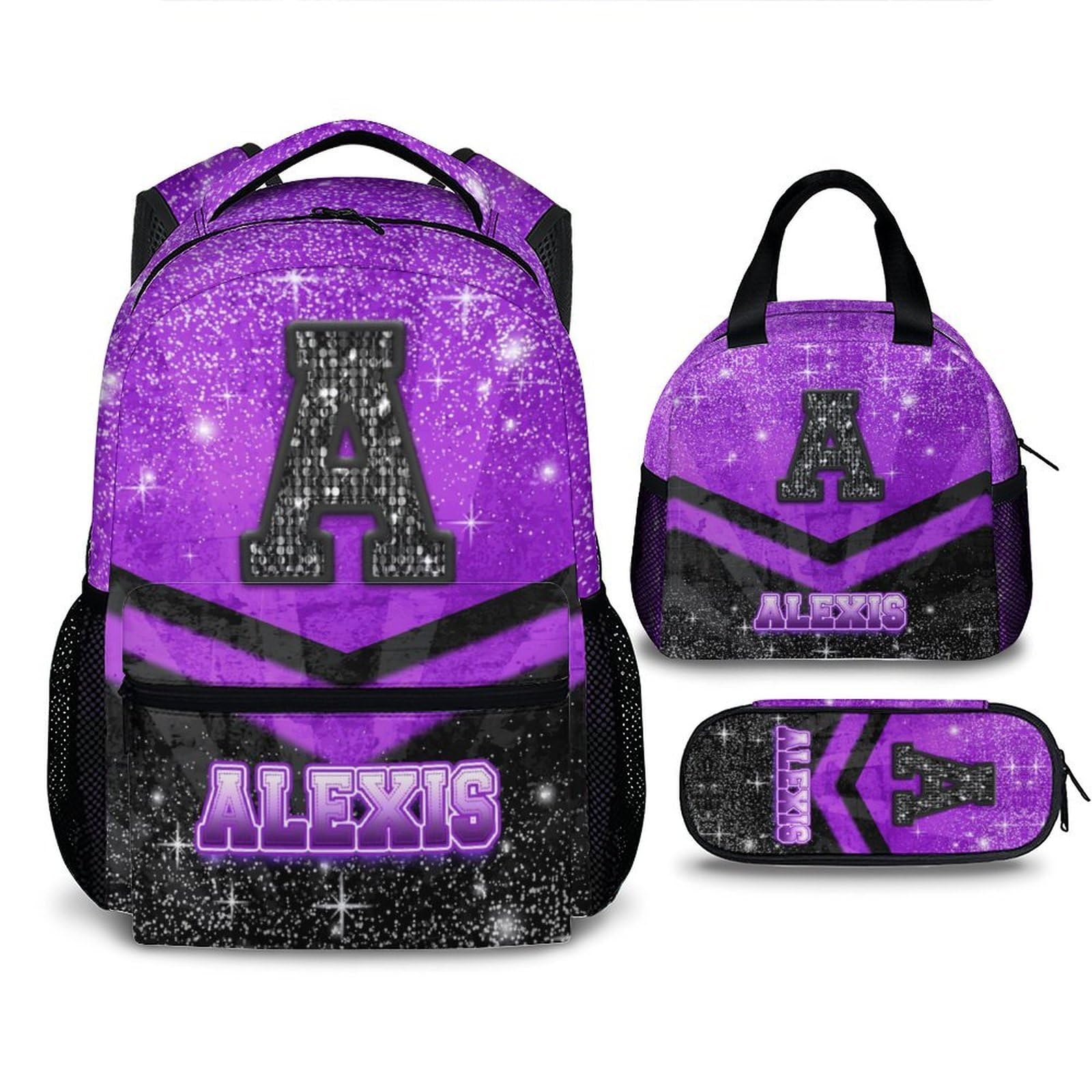 Backpack Set for Girls Boys Kindergarten, Personalized Cheerleader Schoolbag for Kids Preschool Primary, 17 Inch Lightweight Black Glitter Custom
