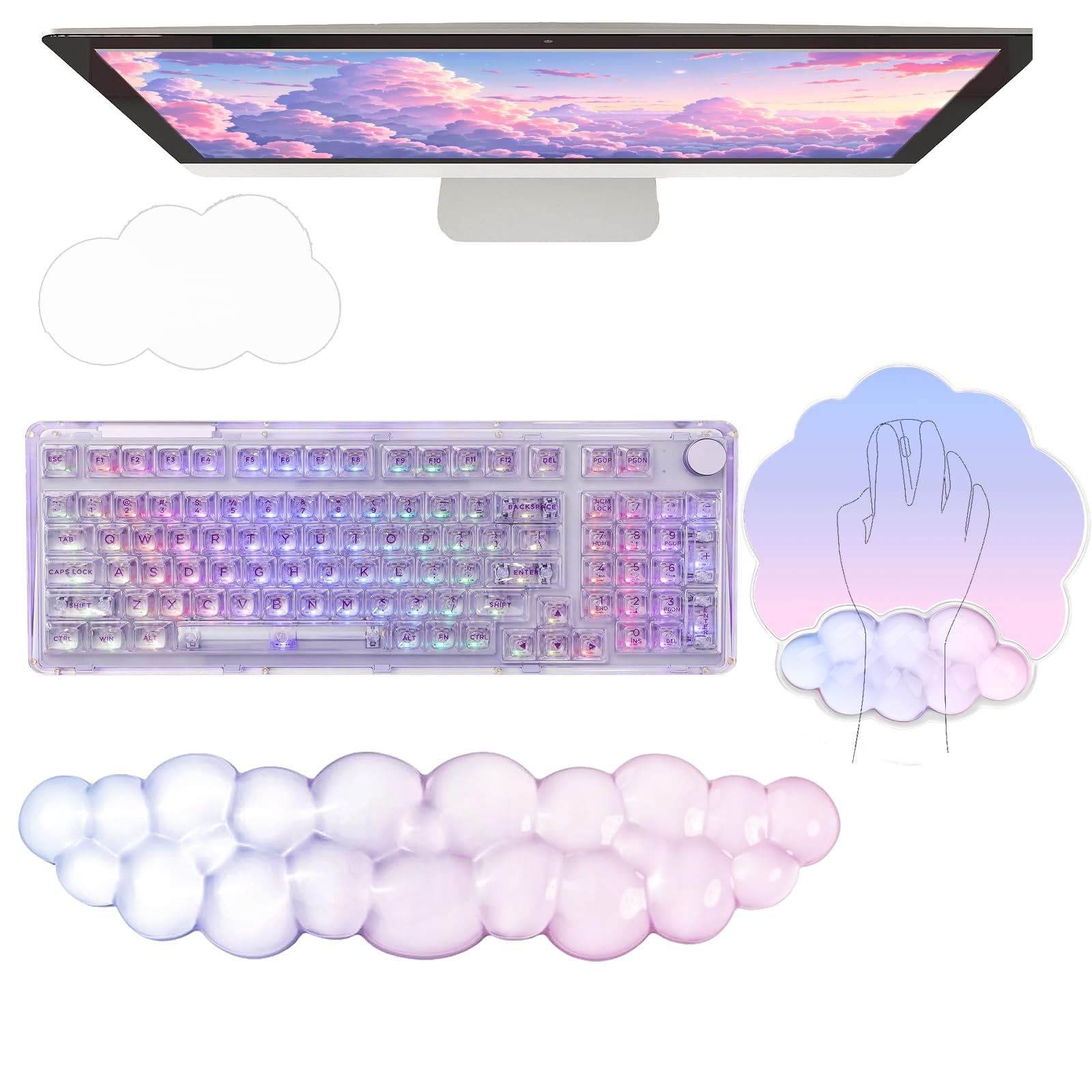 Gel-Cloud-Handgelenkauflage, Tastatur, transparentes Mauspad mit Handgelenkauflage, 3-teilig, ergonomischer Acryl-Untersetzer, rutschfeste Unterseite, niedlich, transparent, cooles Handgelenkpolster