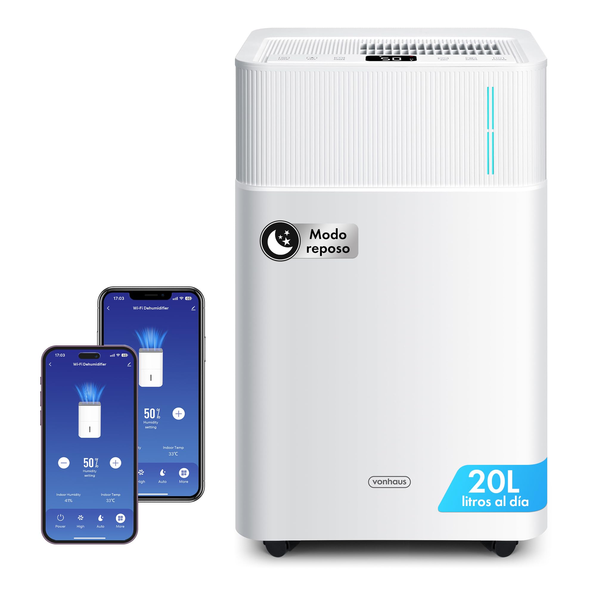 VonHaus Deshumidificador 20L Bajo Consumo para Casa Depósito de Agua de 4,5 L – Deshumidificador WiFi para Secar Ropa Previene el Moho y los Malos Olores – Ideal para Casa