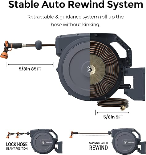 Miniatura 6 de Giraffe Tools AW405/8MB Carrete de Manguera de Jardín Retráctil 5/8" x 90 ft Soporte de Metal PRO, Servicio Pesado, Carrete de Manguera con Bloqueo