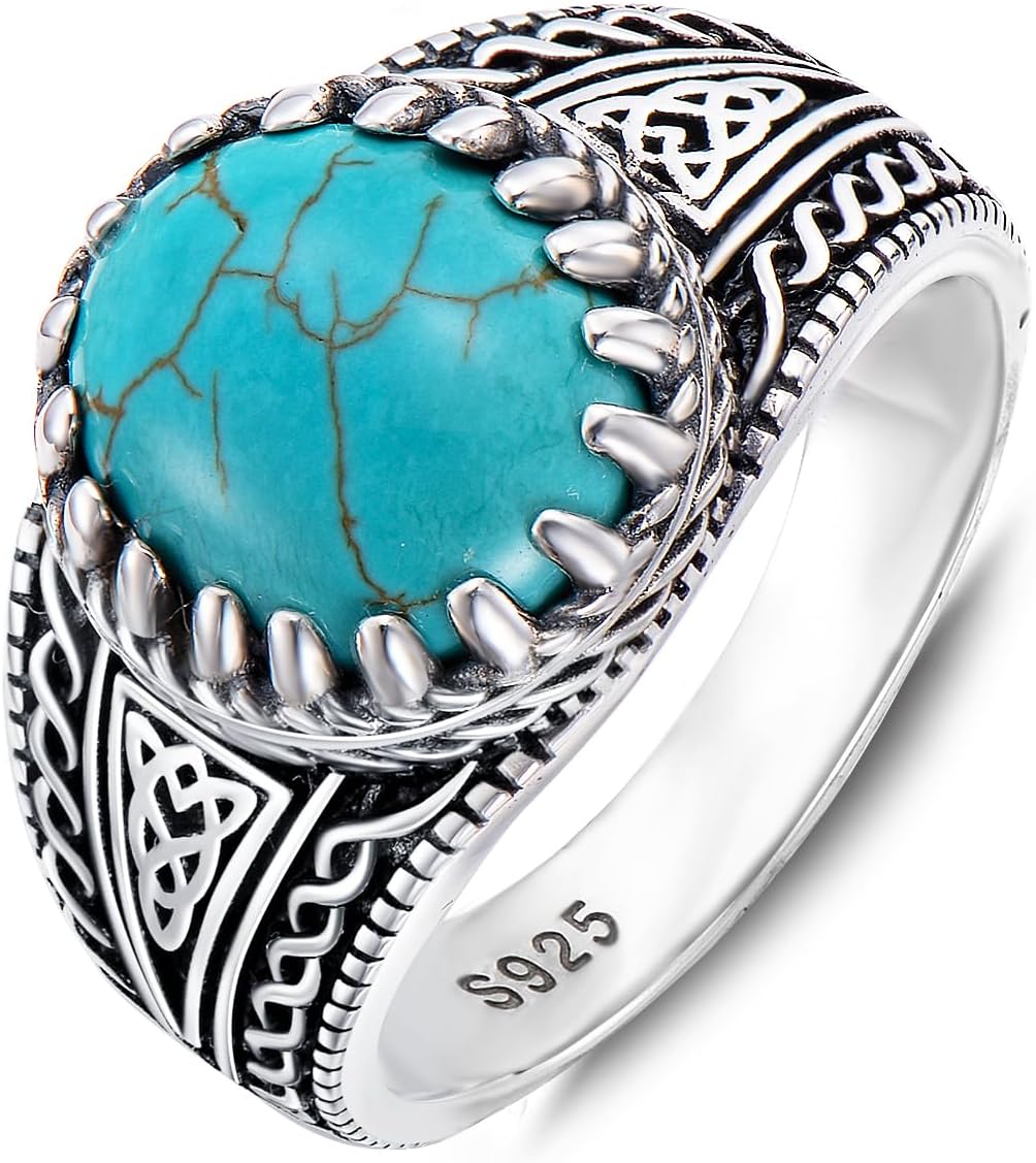 925 Sterling Silver Real Turquoise Ring for Men 12x10 mm Genuine Native American Rings Vintage Jewelry for Man