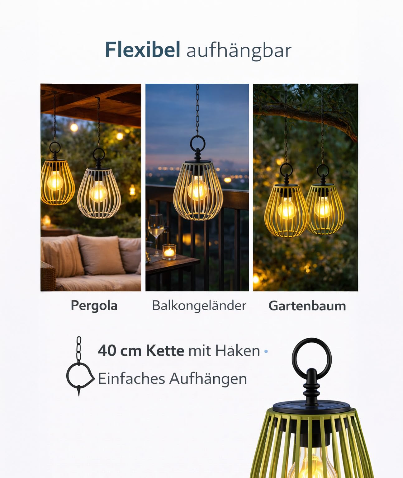formano 3er Set 22 cm Solar Windlicht Hängend LED Solarlaterne Metall mit Dämmerungssensor & Akku - IP44 Außenleuchte für für Balkon, Terrasse & geschützten Garten - 40 cm Kette mit Haken