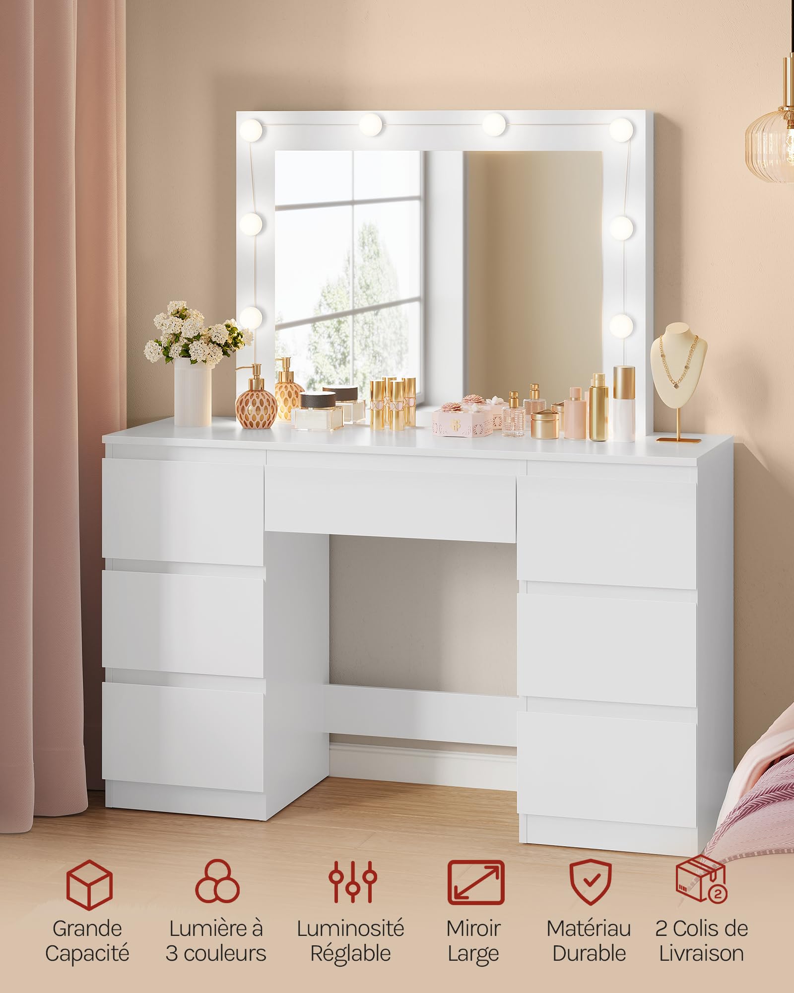 WOLTU Coiffeuse avec Miroir LED à Luminosité Réglable, Table de Maquillage avec 7 Tiroirs, Grand Espace de Rangement, Meuble Coiffeuse Moderne pour Chambre, 107 x 40 cm, en Bois, Blanc