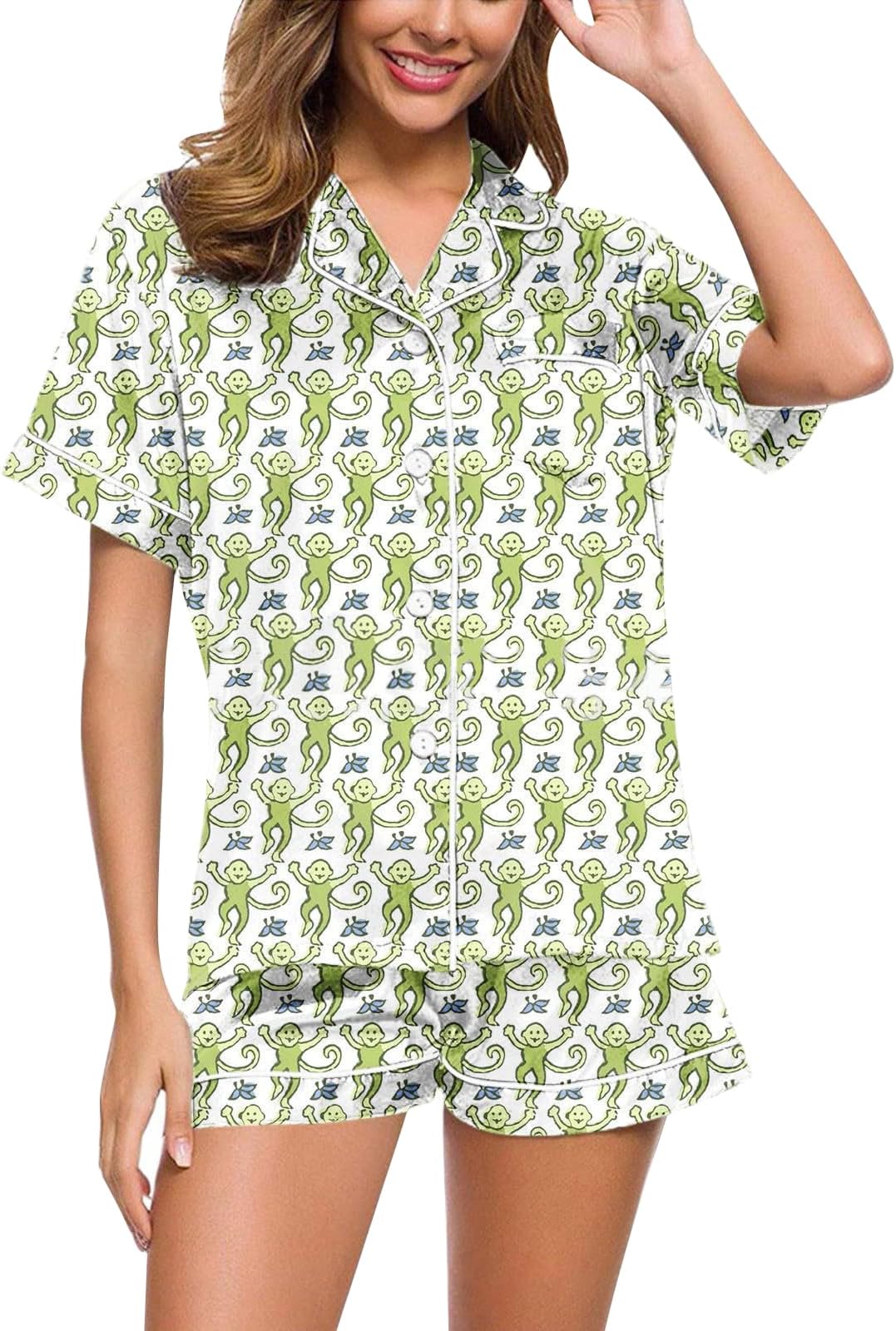 GenericSales Today Deals Prime Women 2 Piece Floral Pyjamas Set Y2k Short Sleeve Monkey Floral Pjs Shorts Set Roller Dupes Rabbit Preppy (Green, L) Button-Down PJs Sets Satin Pyjama