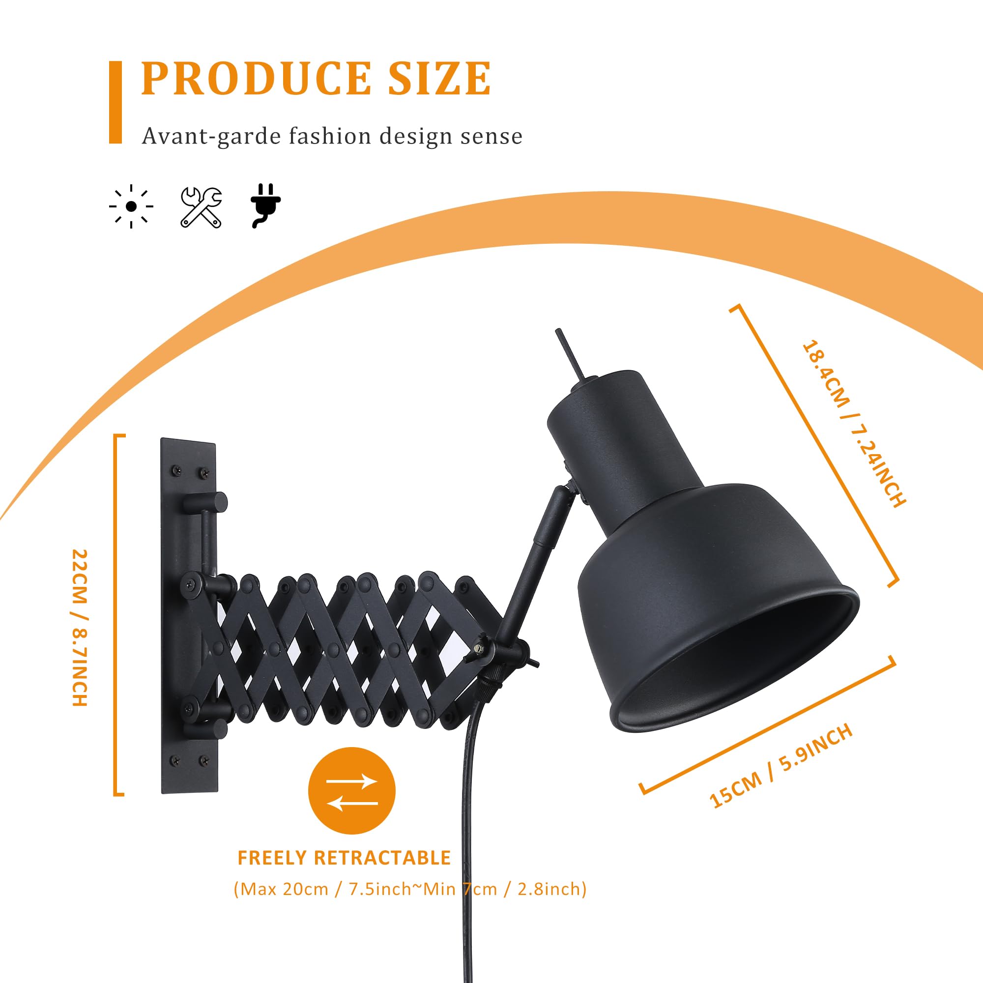 SUNLLOK Vintage Black Swivel Arm Wall Light, Contemporary Extended Plug-In LED Pendant Lamp, Wall Spotlight, Modern Inner E27 Base Wall Lights - View #5