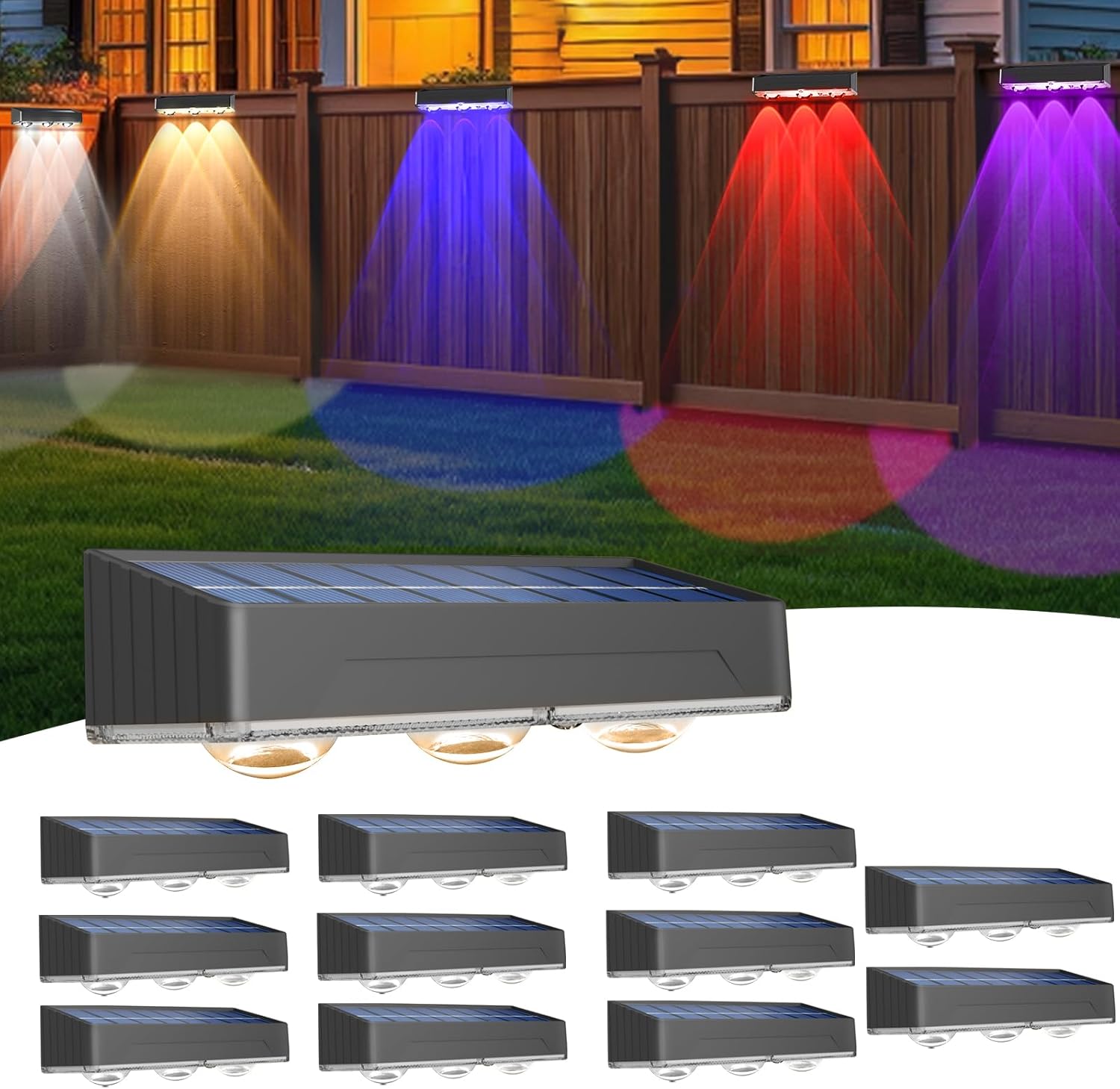 RGB Solar Fence Light, 10 Colors Outdoor Lighting Set, 2 Modes Solar Powered LED Lights, IP65 Waterproof Solar Wall Lights, Screw Wall Mount Step Light, Auto On Off Dusk to Dawn Deck Light