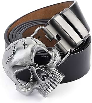 POSKLA Men's Skull Head Buckle Leather Belt Waist Band, Jeans