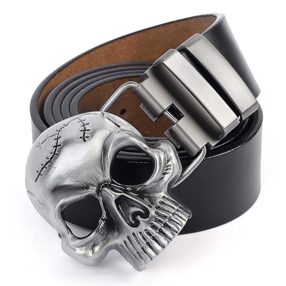 小物 skull buckle black leather belt Y2K punk POSKLA Men's Skull Head Buckle Leather Belt Waist Band