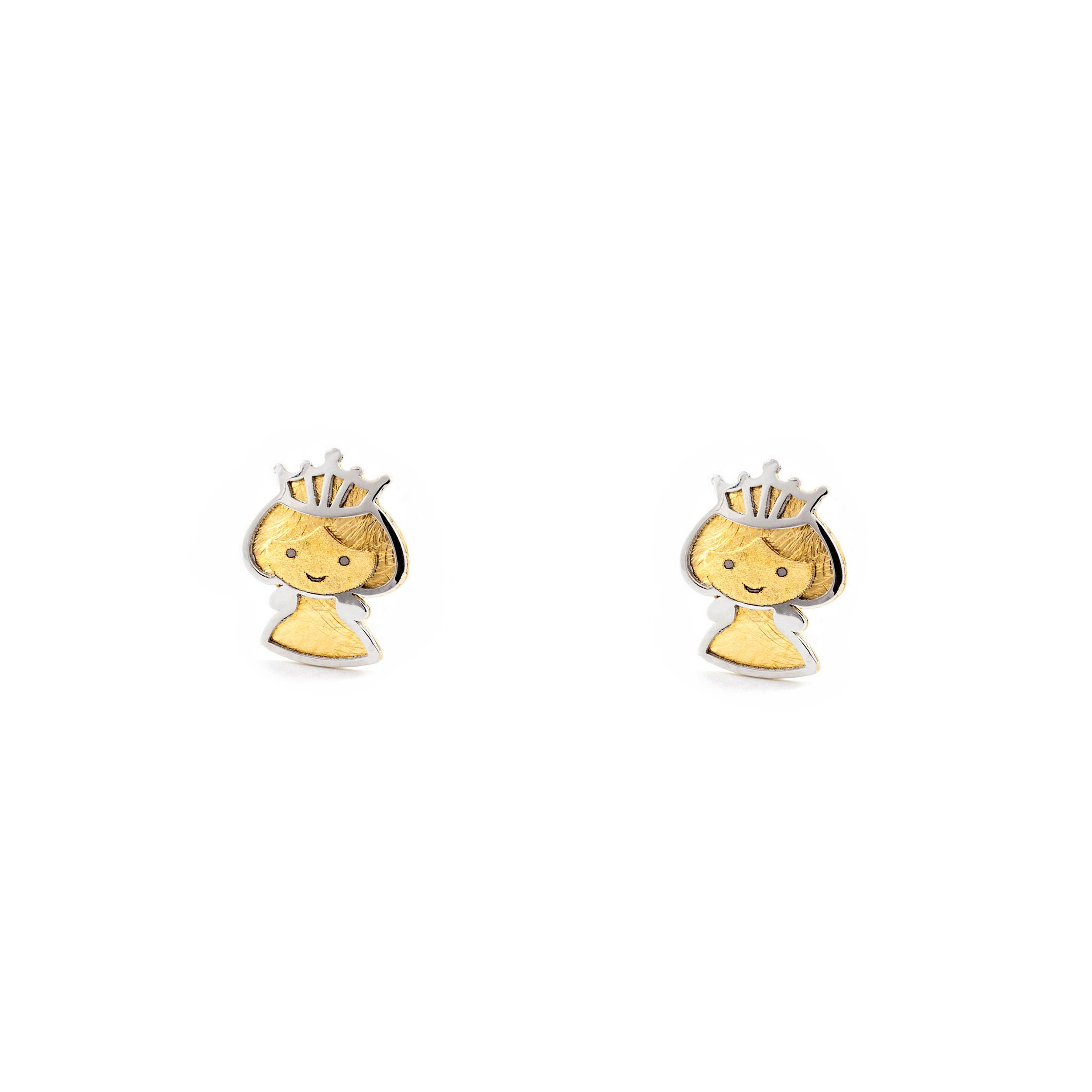 Monde Petit Pendientes Bebe o Niña oro Bicolor Princesa mate y brillo (9kts) - Estuche Regalo - Certificado de Garantía - Mondepetit