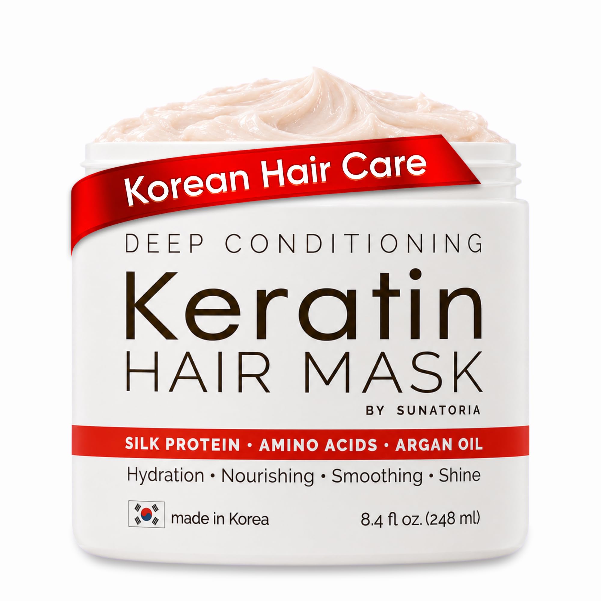 SUNATORIA 2026 Korean Hair Mask for Dry, Damaged & Frizzy Hair – 8 Amino Acids, Hydrolyzed Keratin, Silk Protein & Argan Oil Treatment – Strengthens, Smooths & Nourishes - 8.4 fl oz.