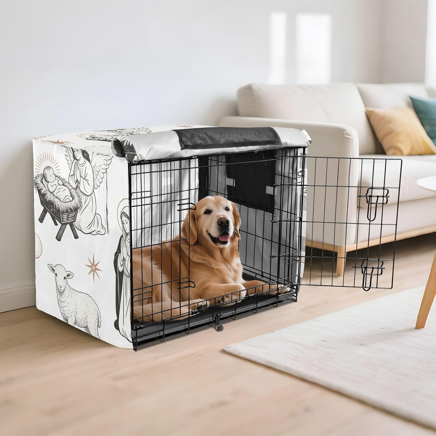 Dog Crate Cover Kennel Cover for Dog Cages Breathable for Wire Cage Indoor Outdoor Baby Jesus Saint Lamb White
