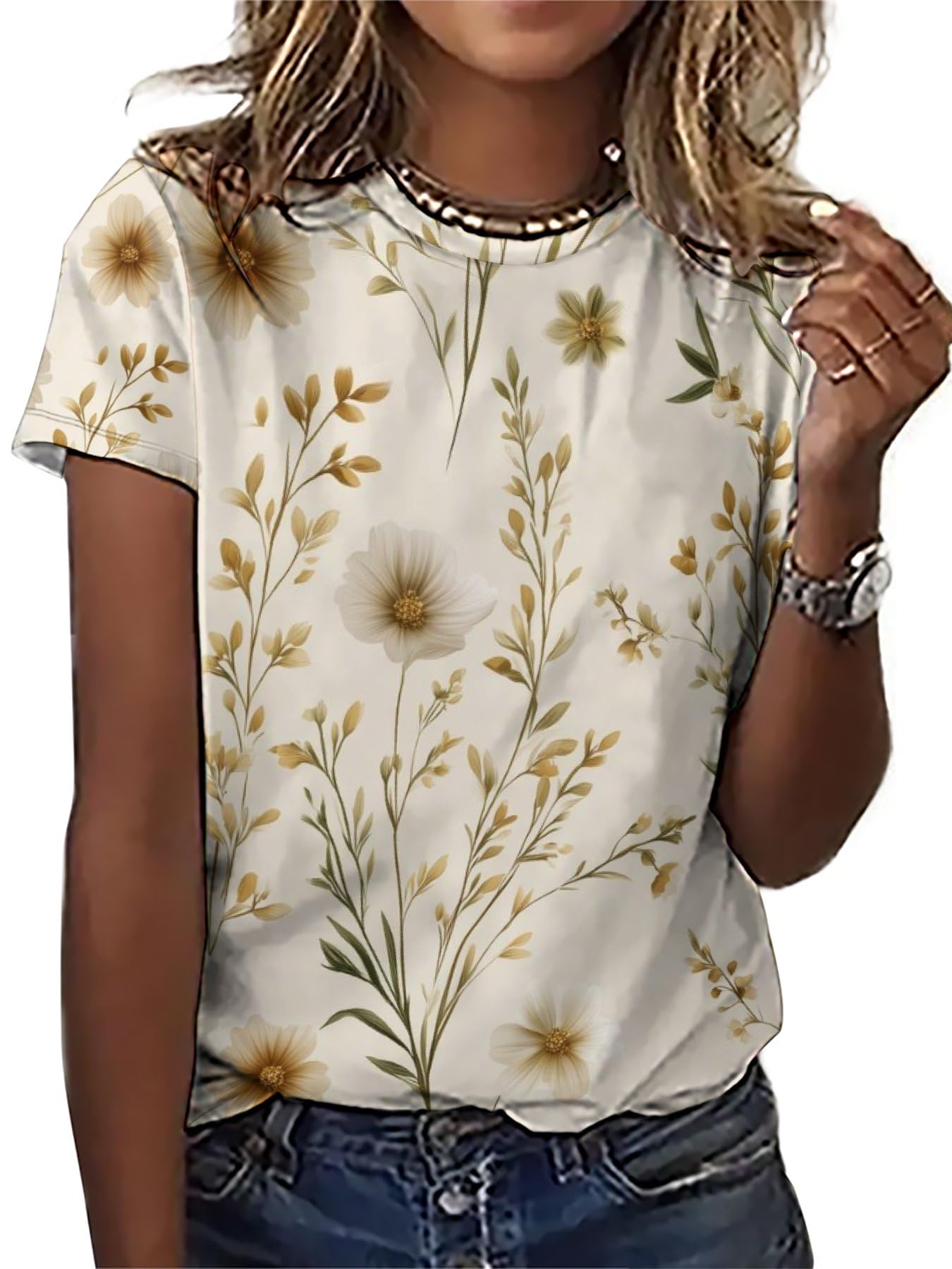 Zhyaj Women's Boho Floral Printed Cotton Linen Blend Blouse Ladies Summer Casual Crewneck Short Sleeve Tunic Tops
