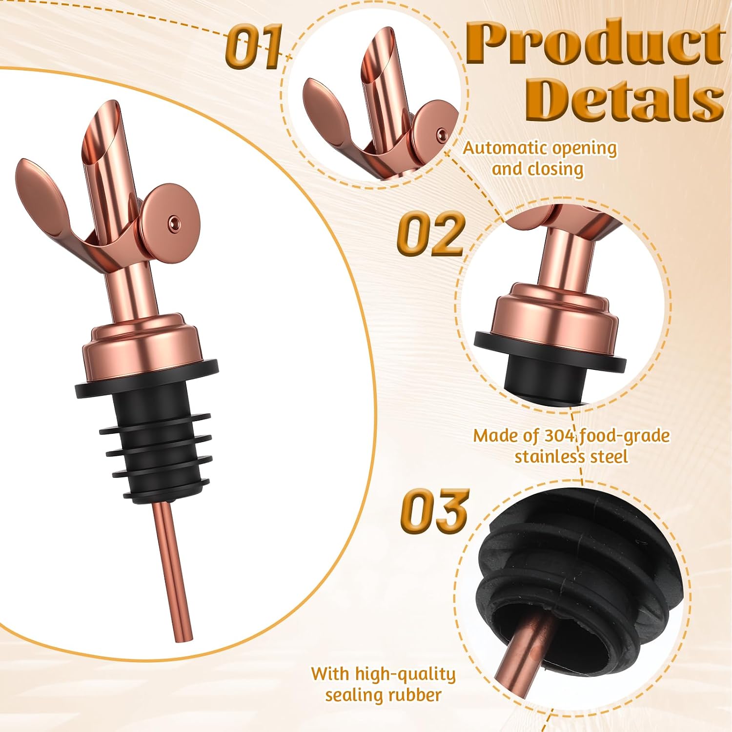 2 PCS Olive Oil Spout, Olive Oil Dispenser Spout, Stainless Steel Weighted Bottle Pourers, Self-Closing Liquor Pour Spouts for Oils, Vinegar, Syrup, And Alcohol, Rose Gold image 3