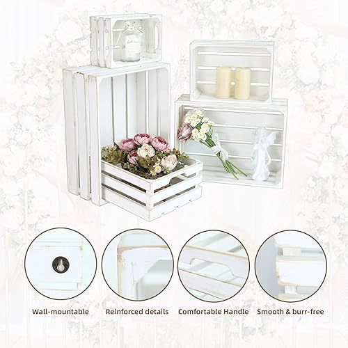 Miniatura 5 de Juego de cajas de madera de granja de 5 piezas, cajas de madera rústica para exhibición y almacenamiento, cajas decorativas grandes encaladas, cajas