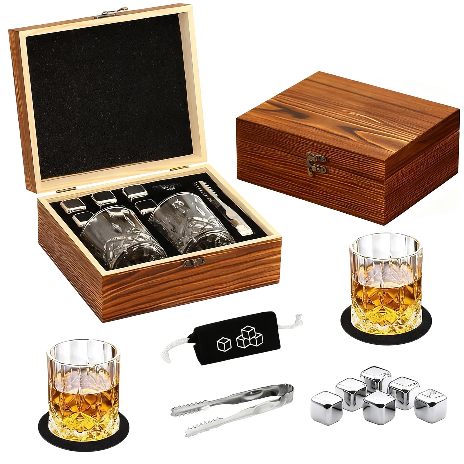 Whiskey Steine Geschenkset mit 6 wiederverwendbaren Kühlsteinen 2 Gläsern und handgefertigter Holzkiste Ideal für Männer Väter Ehemänner Geburtstagsfeier und Liebhaber