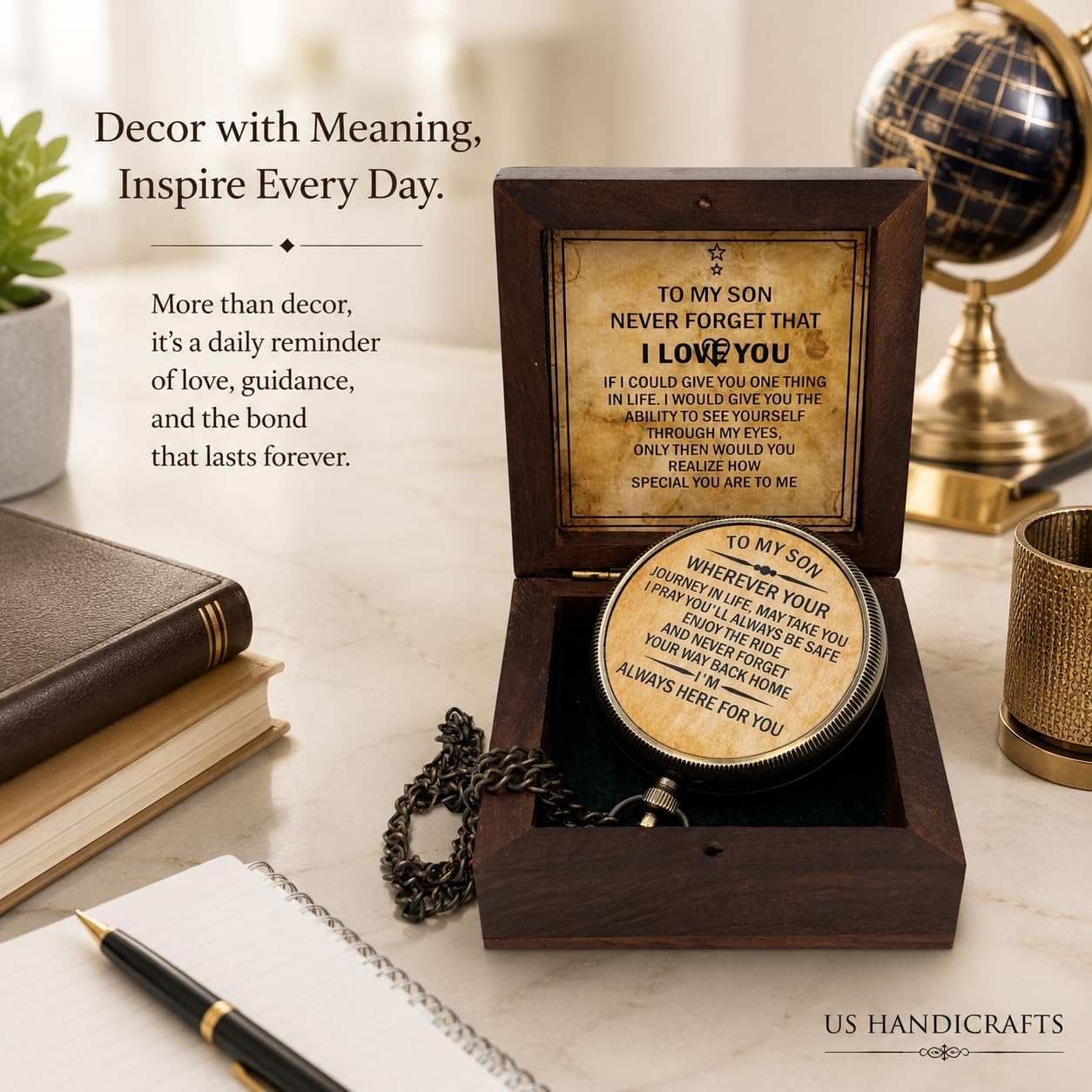 Brass Compass with Wooden Case | Engraved Compass from Mom to Son | Graduation Gift, Birthday, Inspirational Travel Keepsake